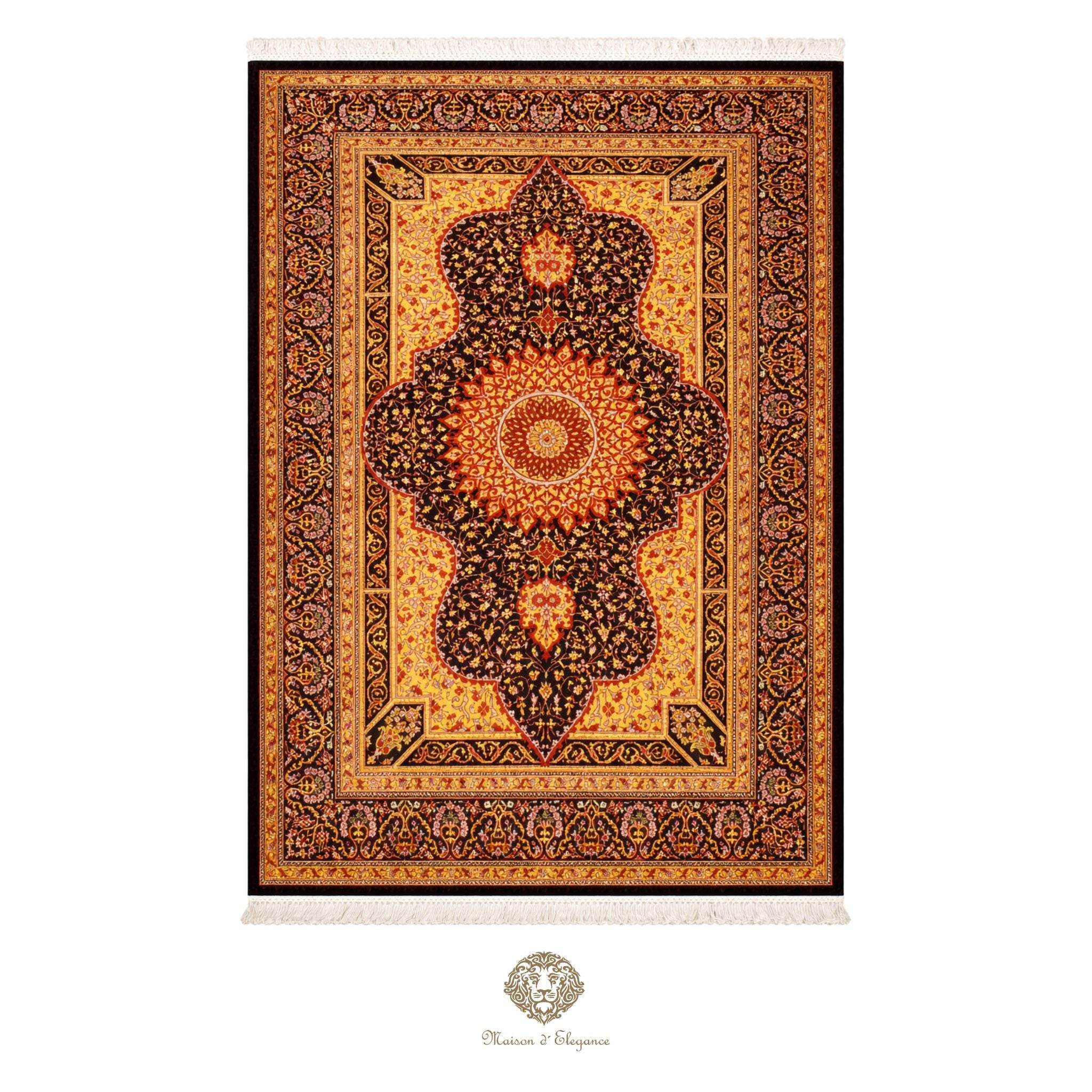 Decorative rug with intricate patterns on a black background