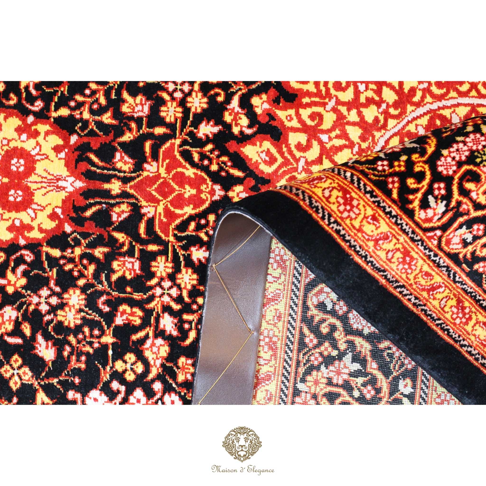 Close-up of a patterned rug with intricate designs on a black background