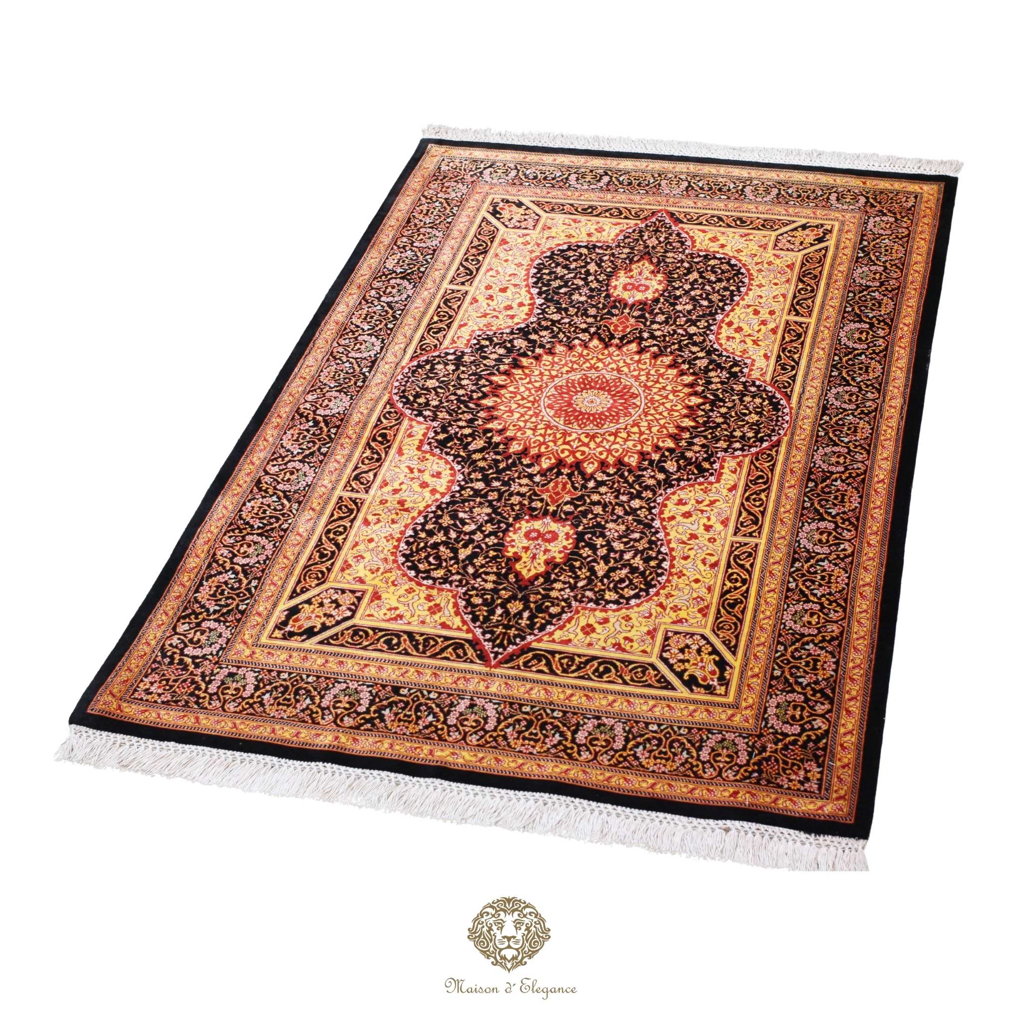 Decorative rug with intricate patterns on a black background
