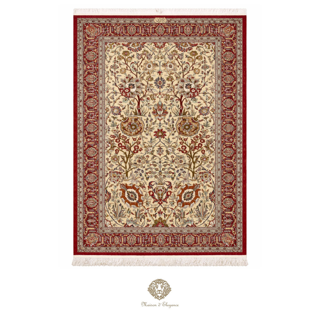 Decorative rug with intricate patterns on a white background