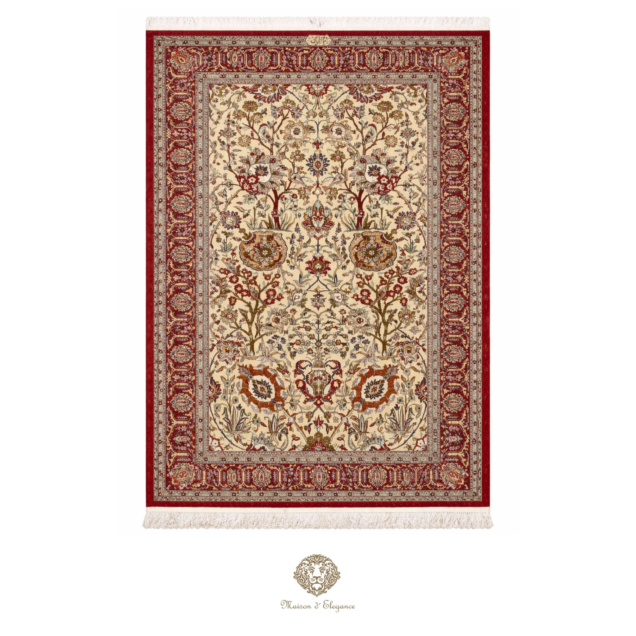 Decorative rug with intricate patterns on a white background
