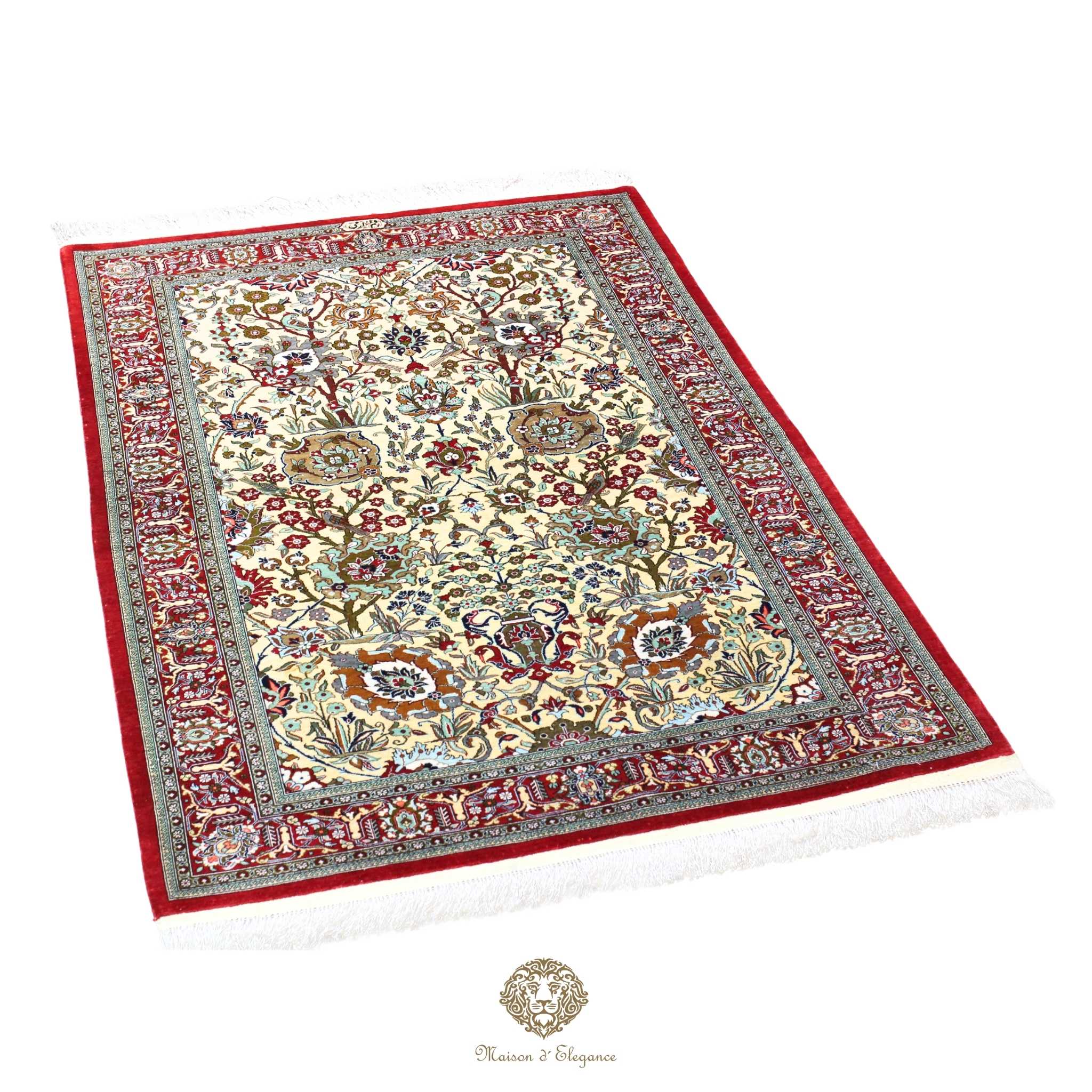 Decorative rug with intricate patterns on a white background