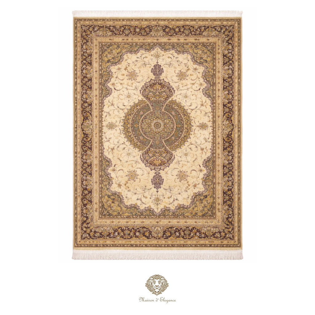 Decorative rug with intricate patterns on a white background