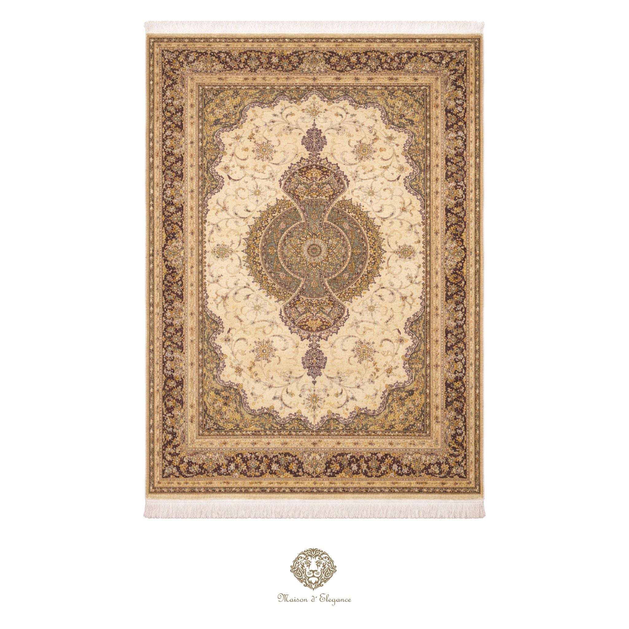 Decorative rug with intricate patterns on a white background