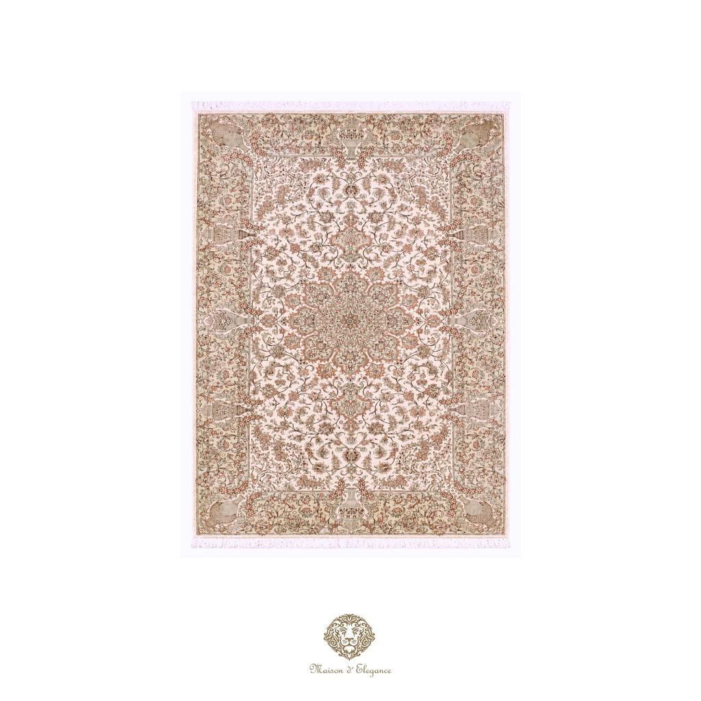 Decorative rug with intricate pattern on a ivory background