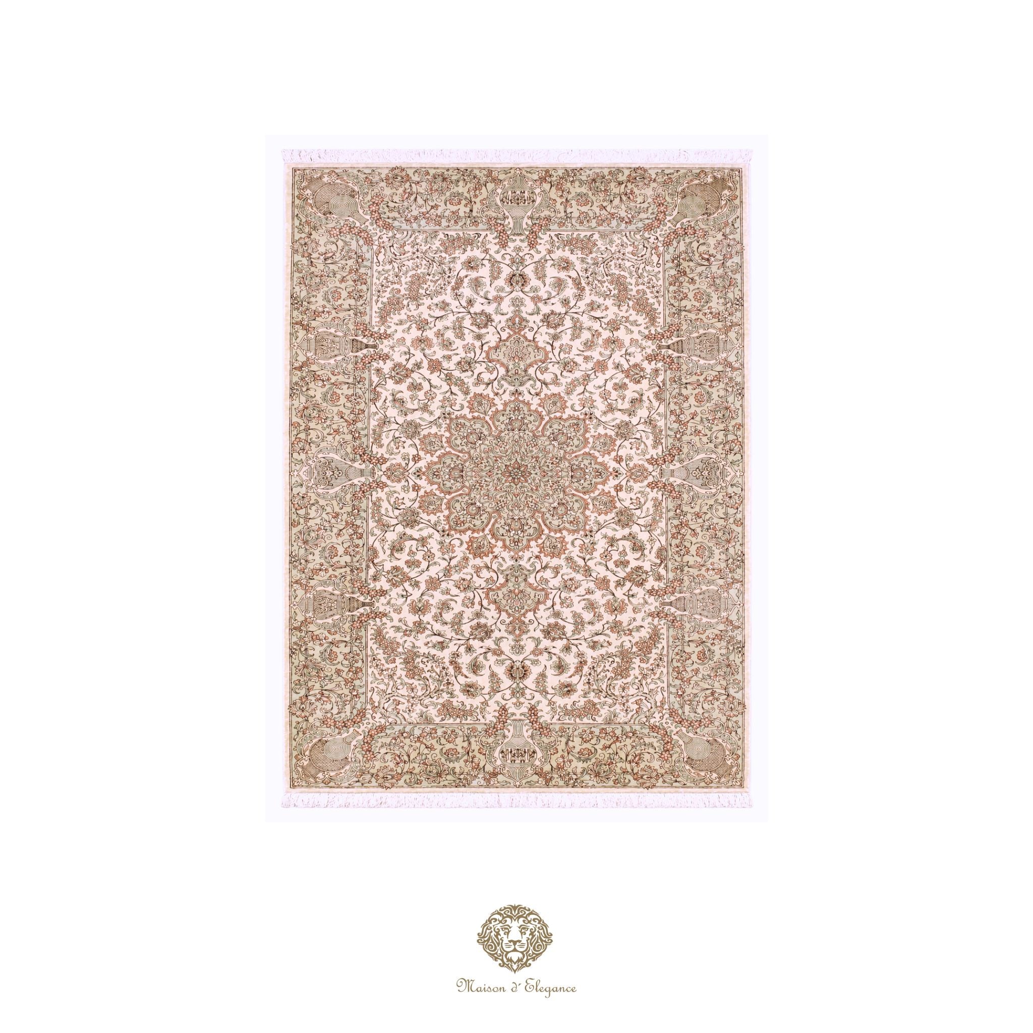 Decorative rug with intricate pattern on a ivory background