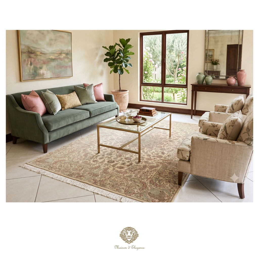 Living room with a green sofa, patterned rug, and decorative items.