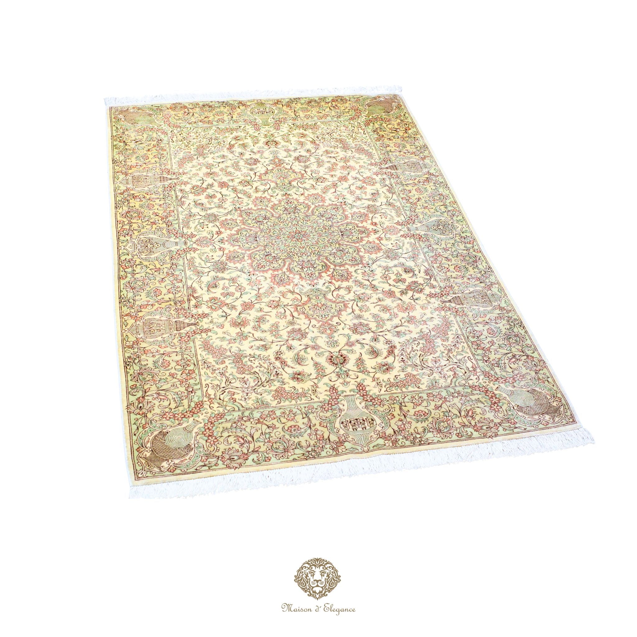 Decorative rug with intricate patterns on a ivory background