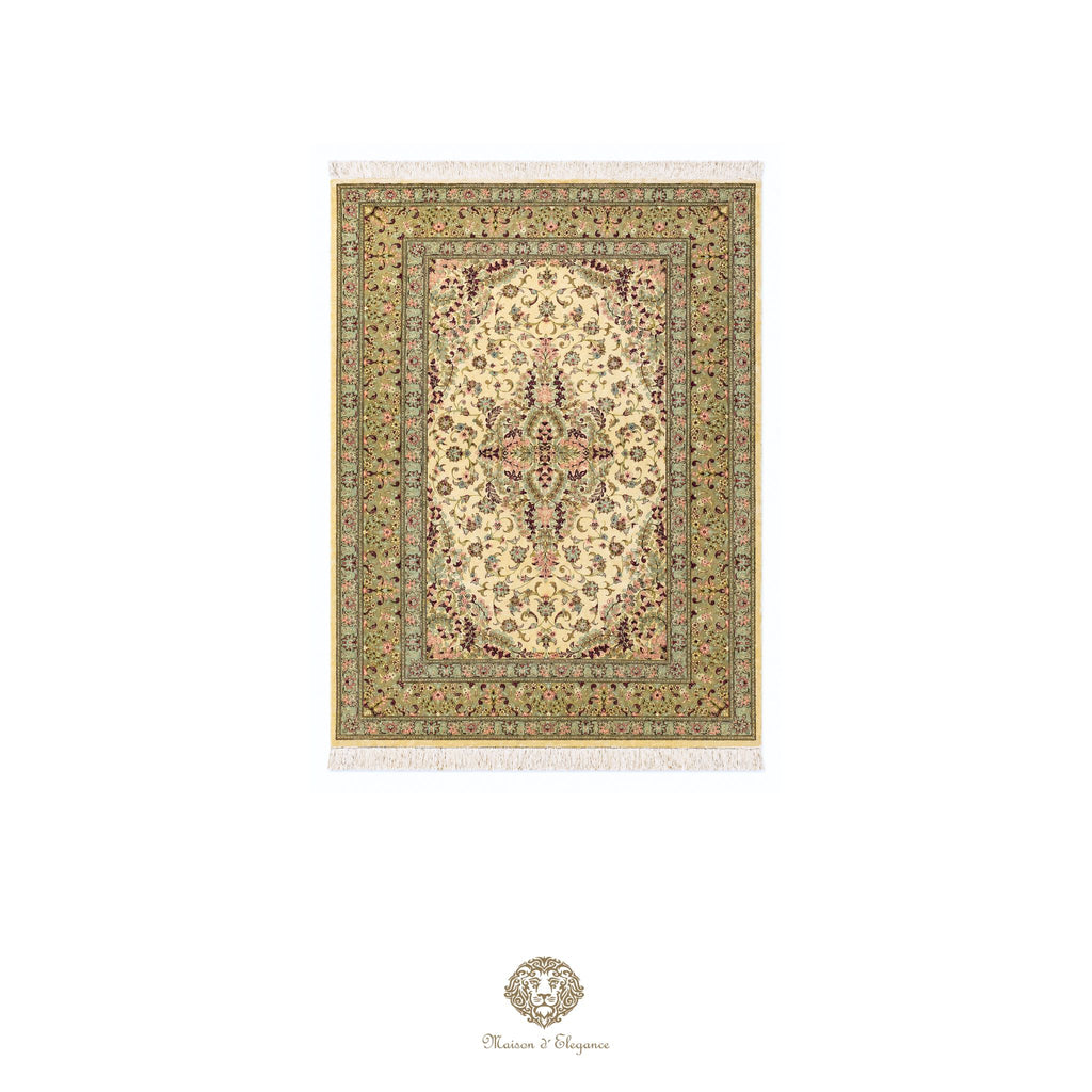 Decorative rug with intricate patterns on a ivory background