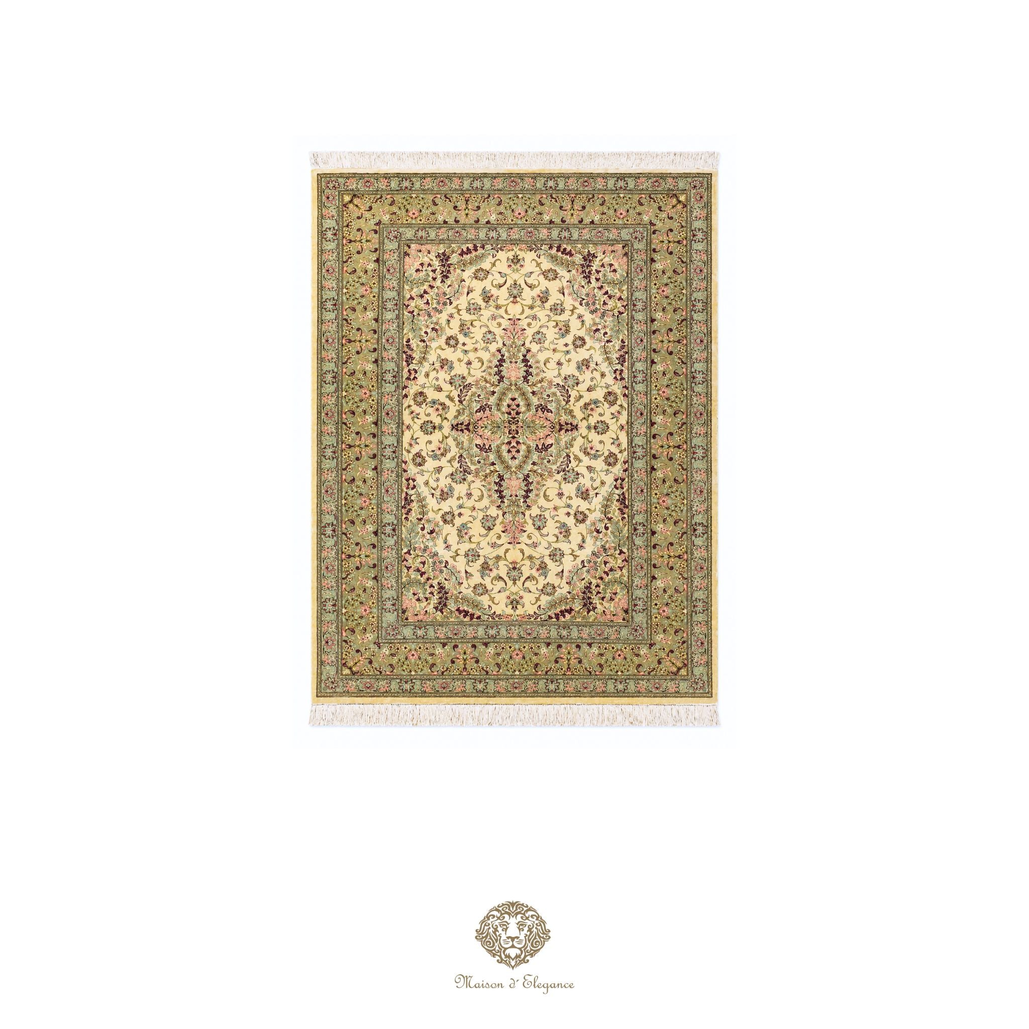 Decorative rug with intricate patterns on a ivory background