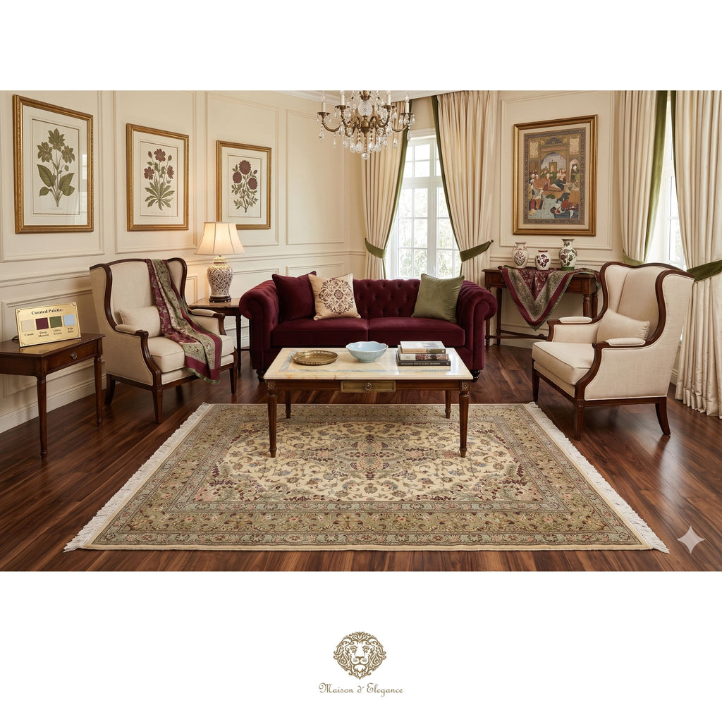Luxurious living room with a red sofa, armchairs, and a coffee table.