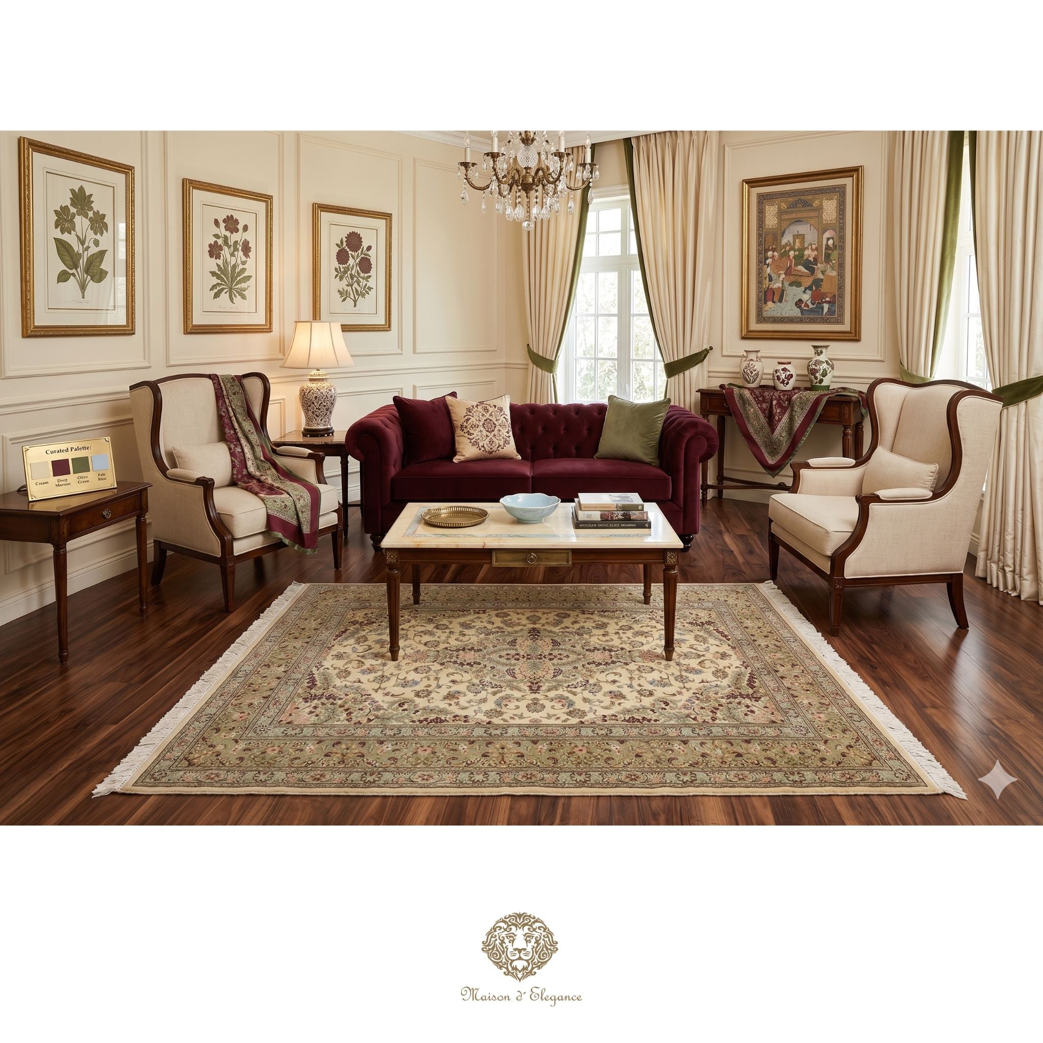 Luxurious living room with a red sofa, armchairs, and a coffee table.