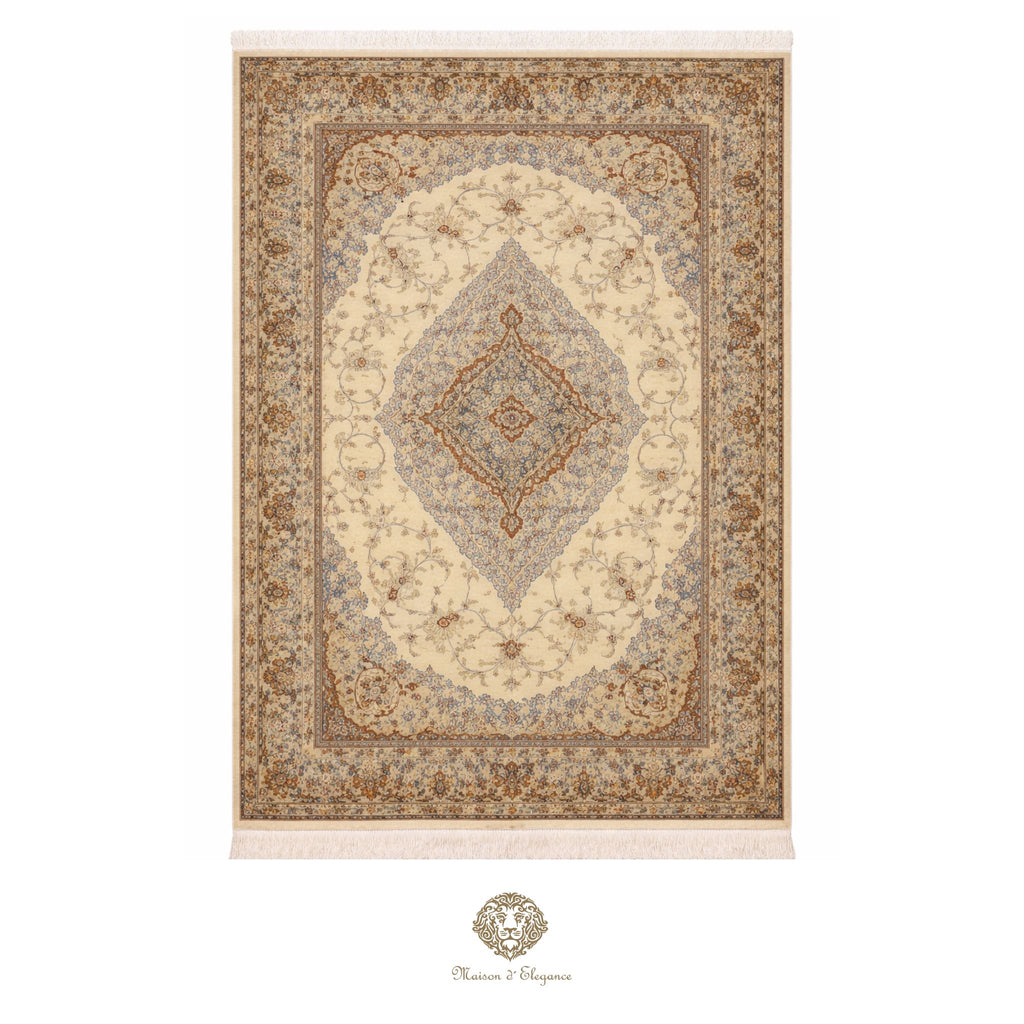 Decorative rug with intricate patterns on a white background