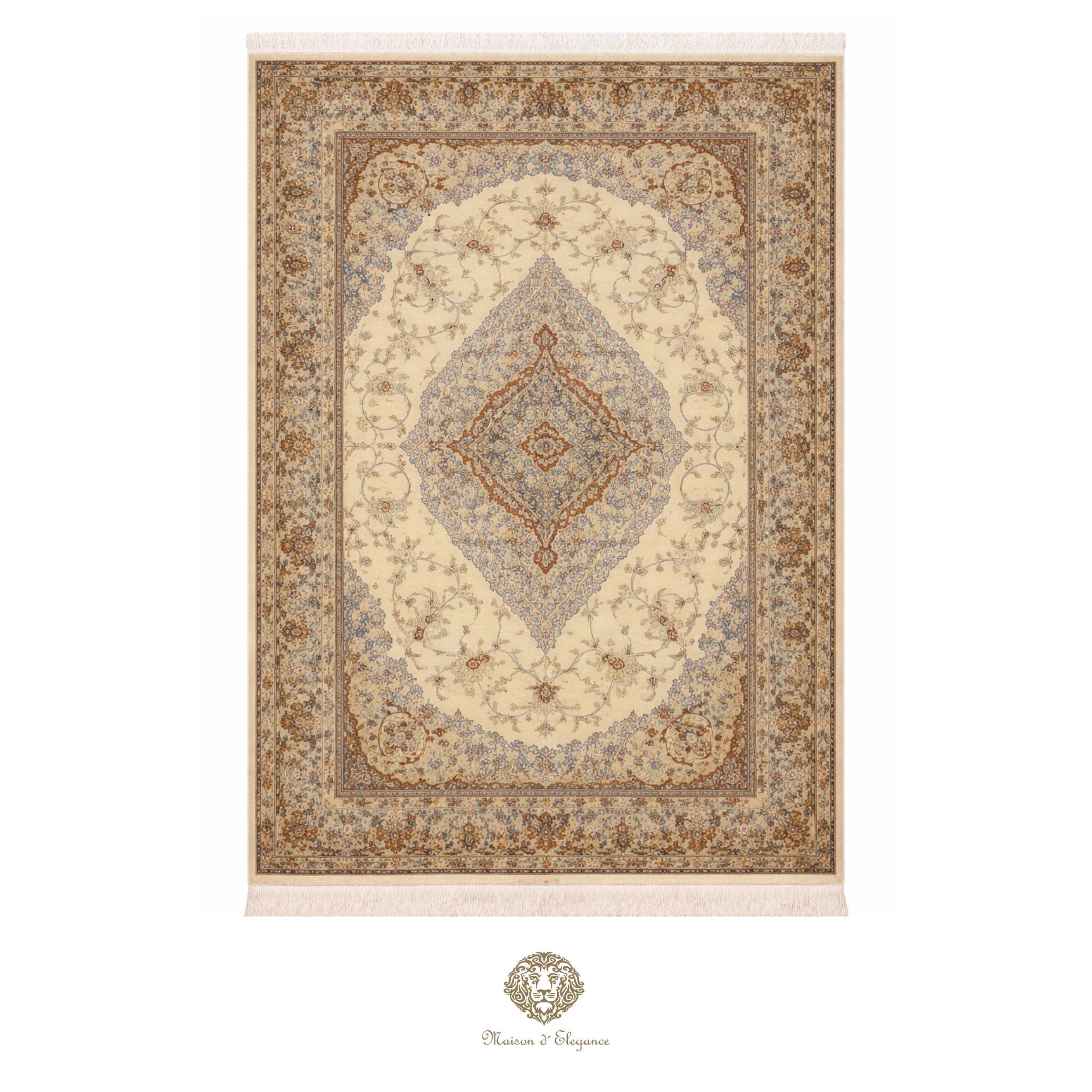Decorative rug with intricate patterns on a white background
