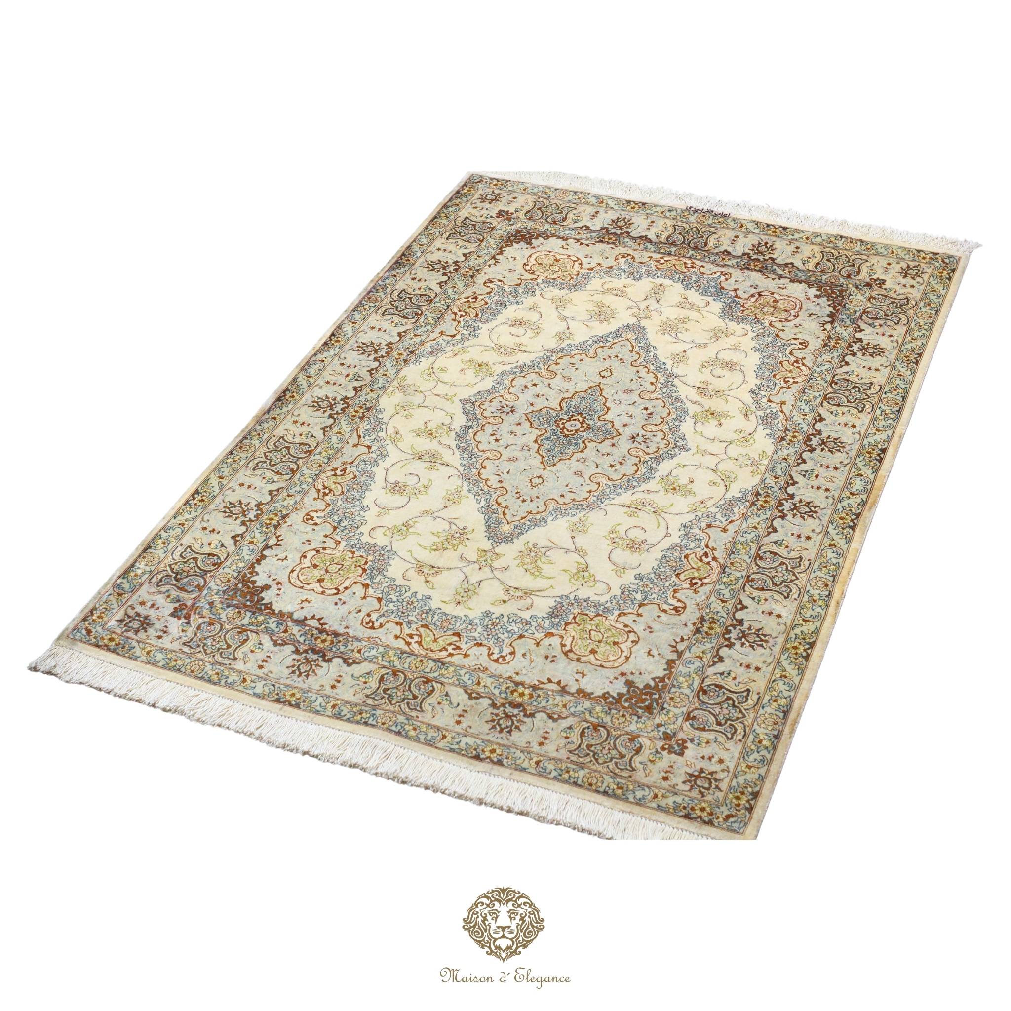 Decorative rug with intricate patterns on a white background