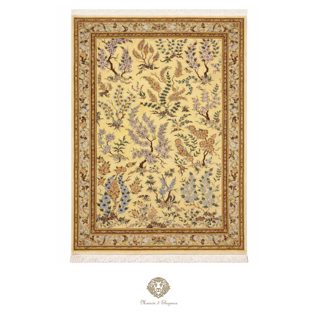 Decorative rug with floral and animal patterns on a beige background, featuring the brand 'Chantecaille'.