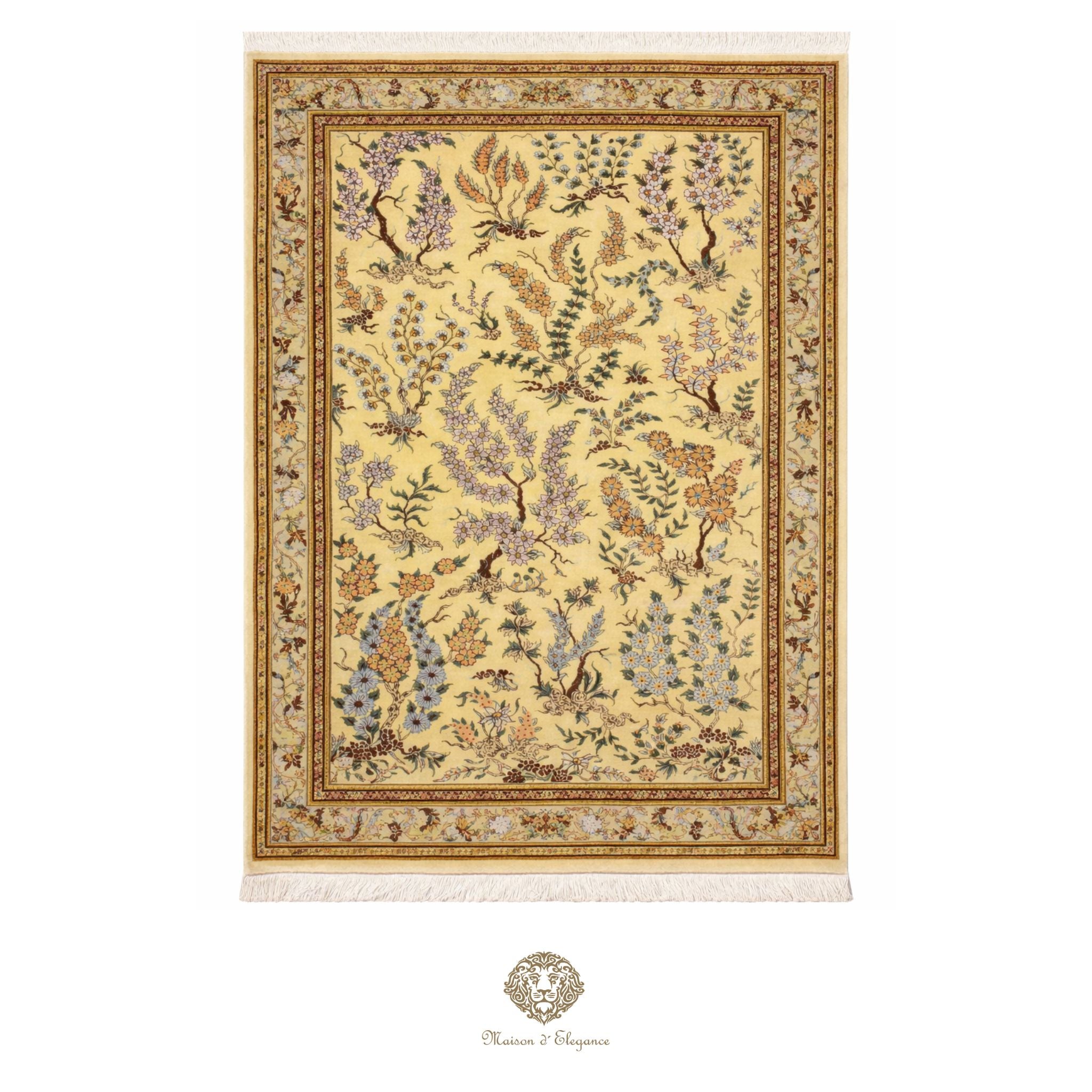 Decorative rug with floral and animal patterns on a beige background, featuring the brand 'Chantecaille'.