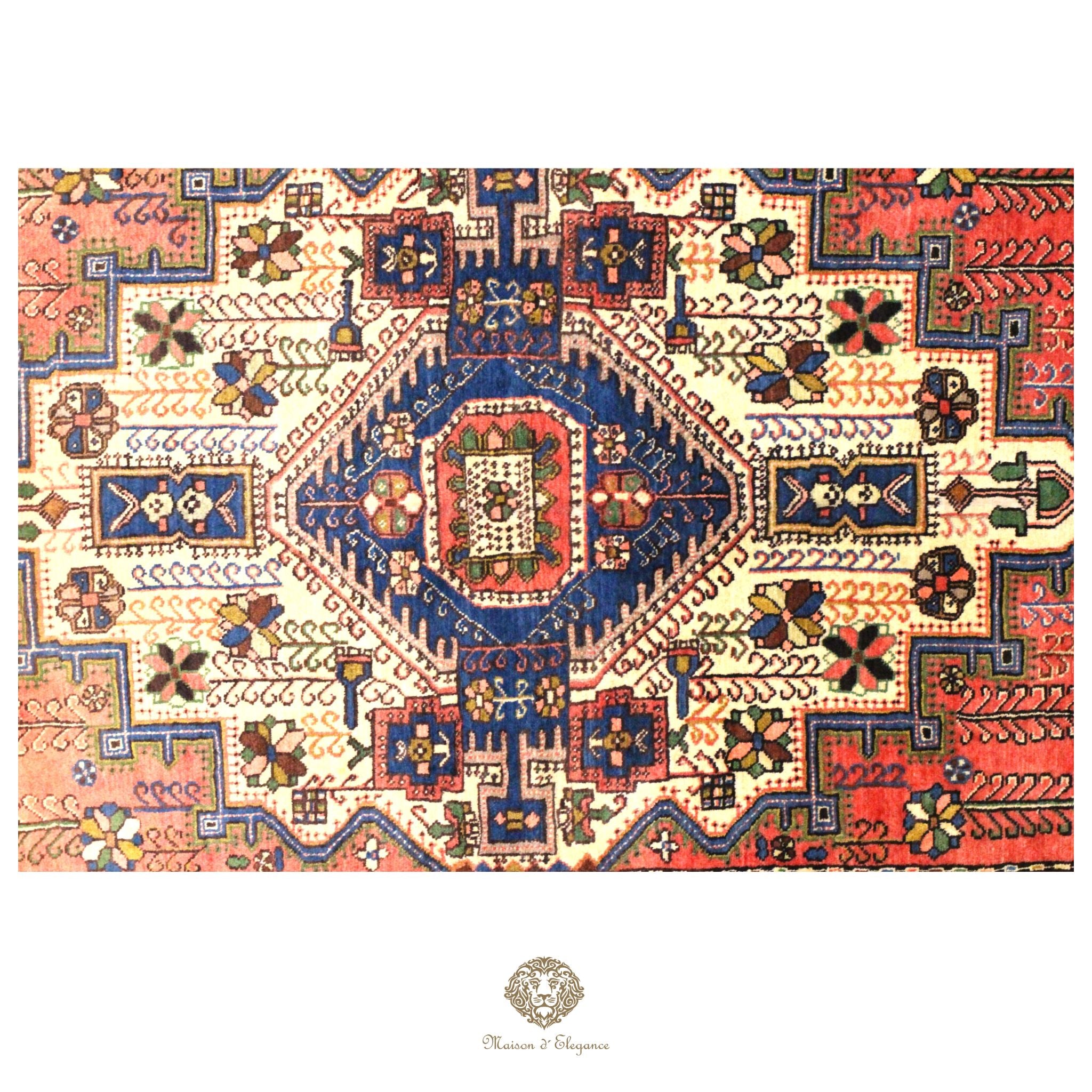 Colorful patterned rug with intricate designs on a white background