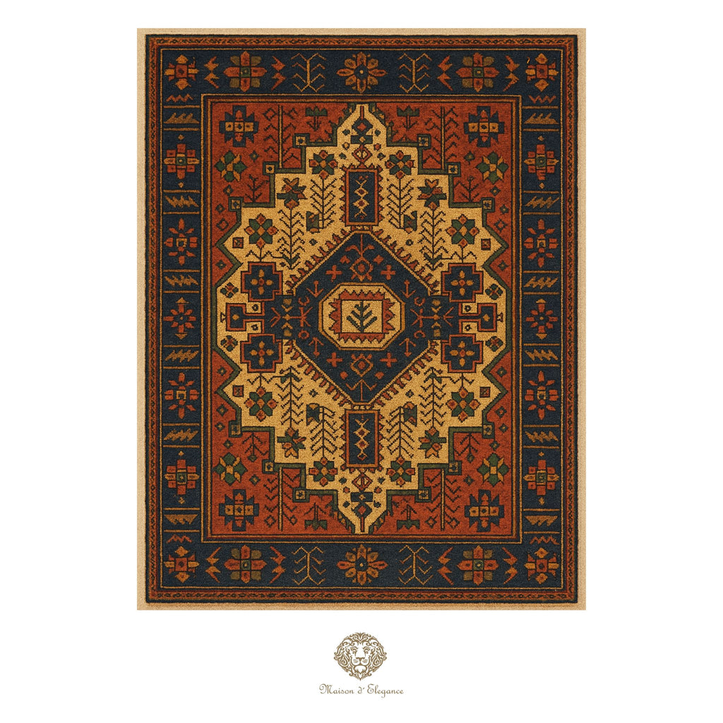 Decorative rug with intricate patterns on a white background
