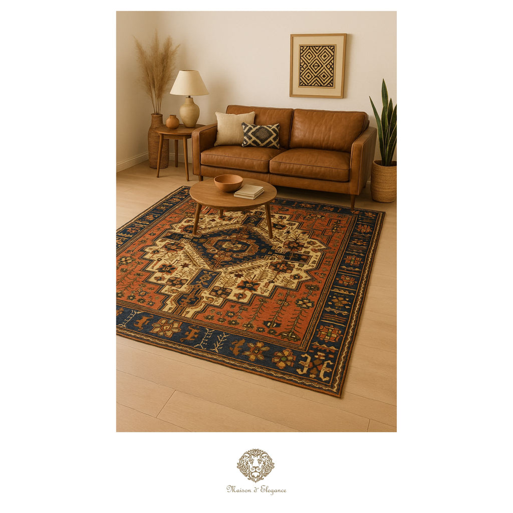 Living room with a brown leather sofa, coffee table, and decorative rug.