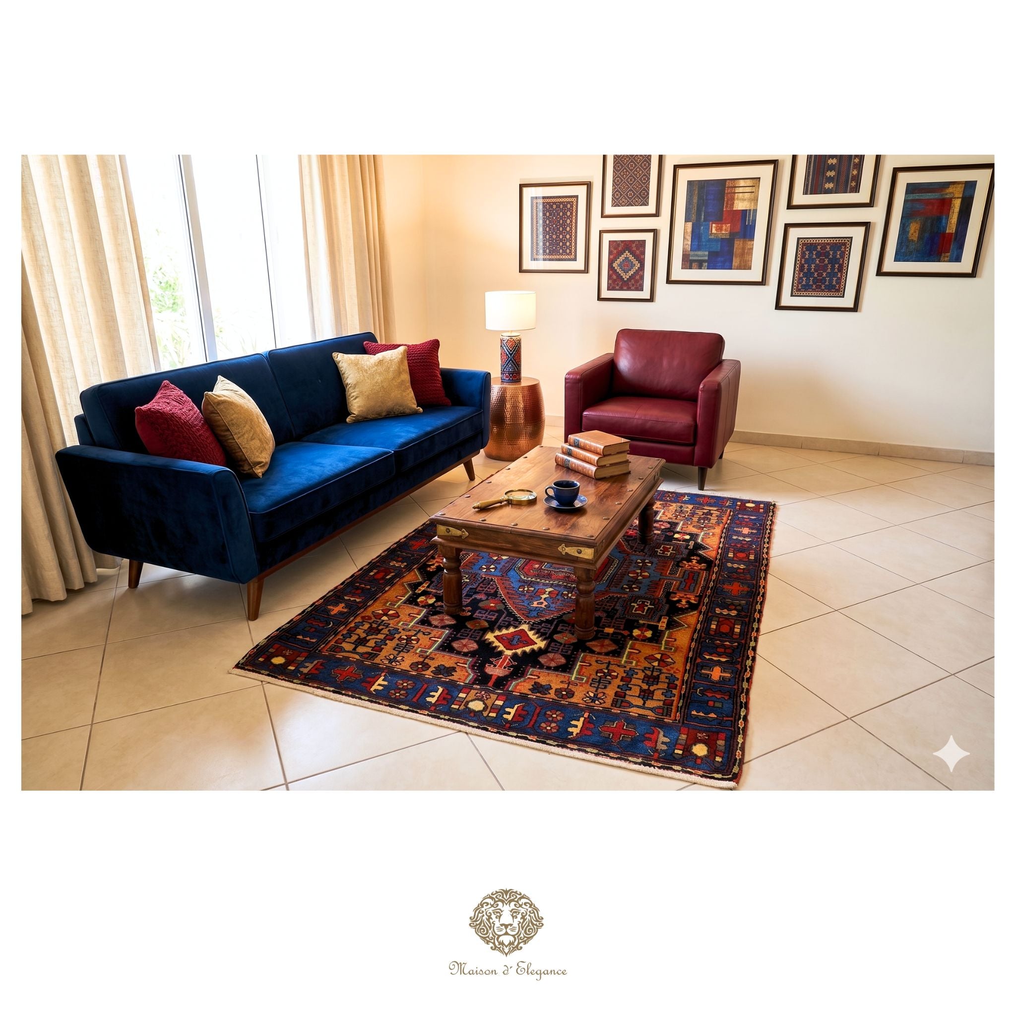 Living room with a blue sofa, red armchair, and patterned rug.