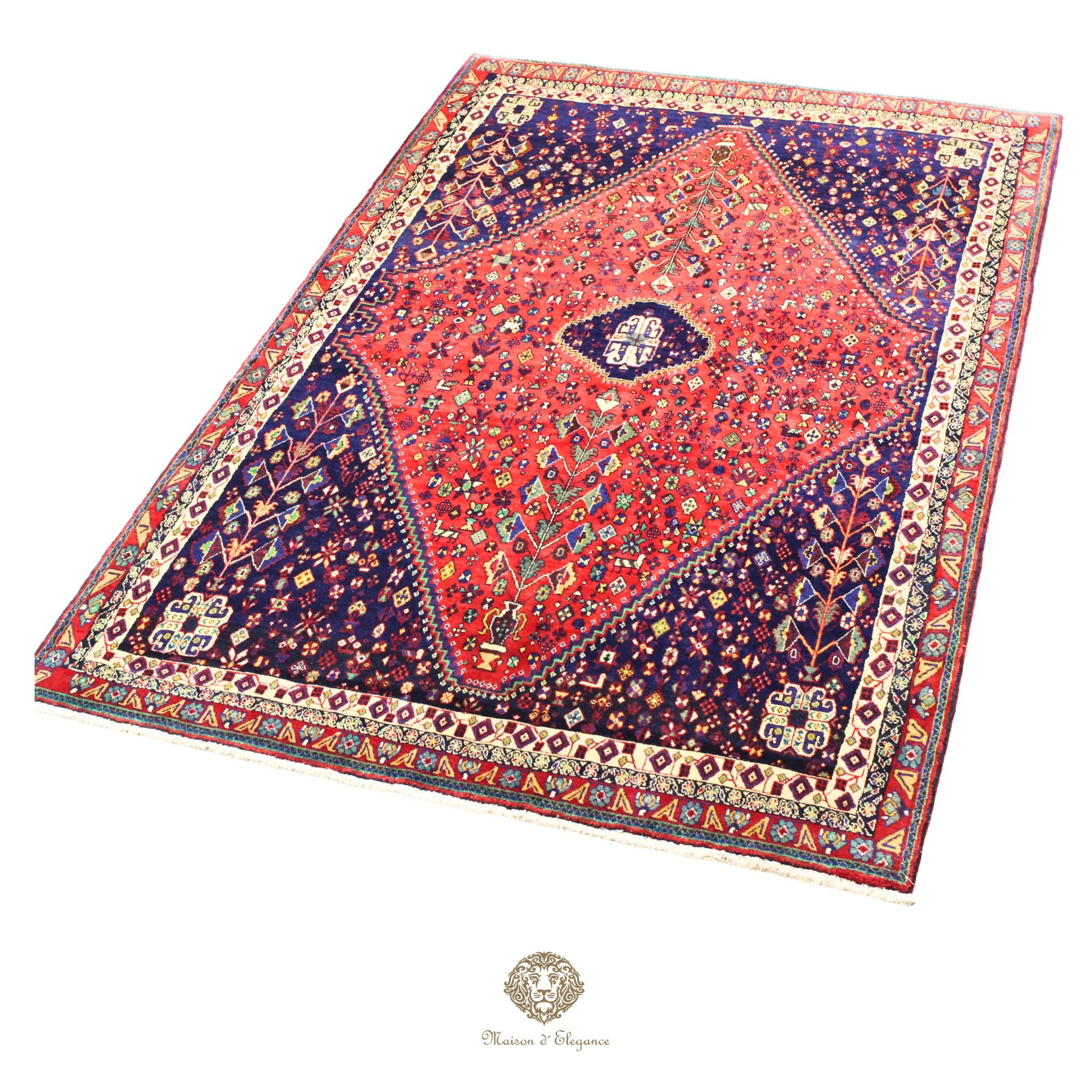 Decorative rug with intricate patterns on a red background