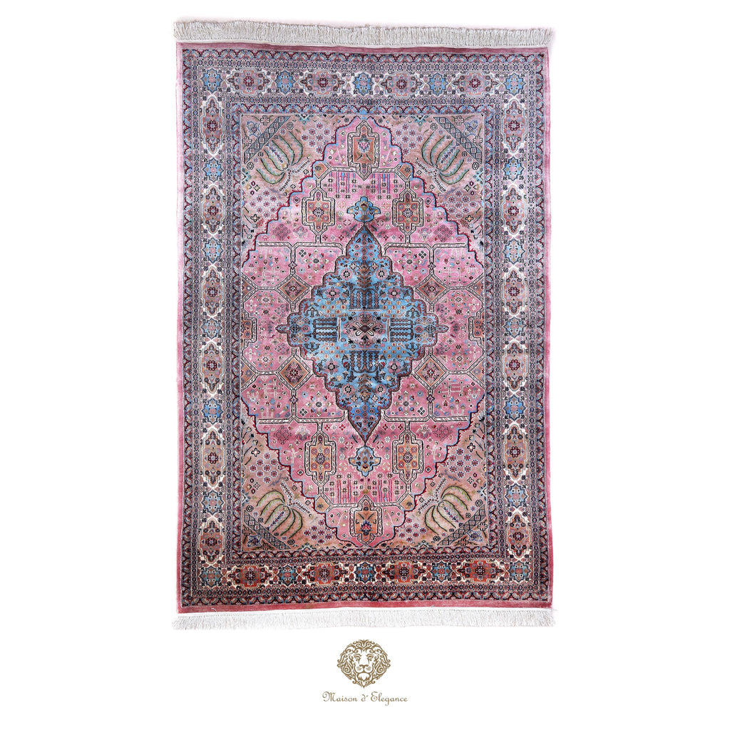 Decorative rug with intricate patterns on a white background