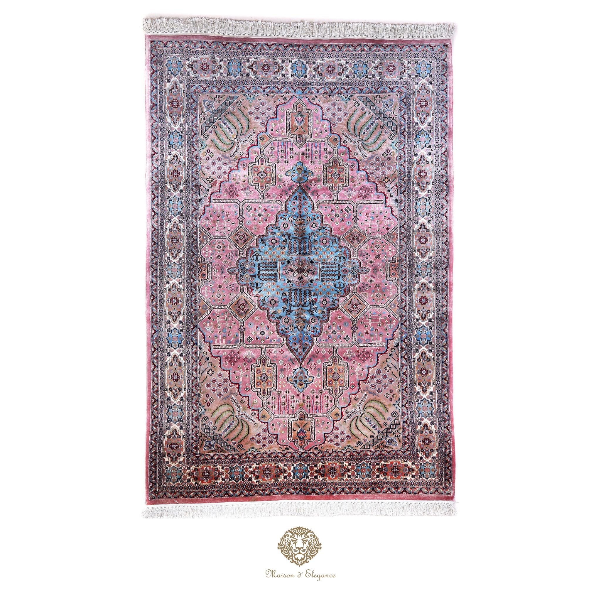 Decorative rug with intricate patterns on a white background