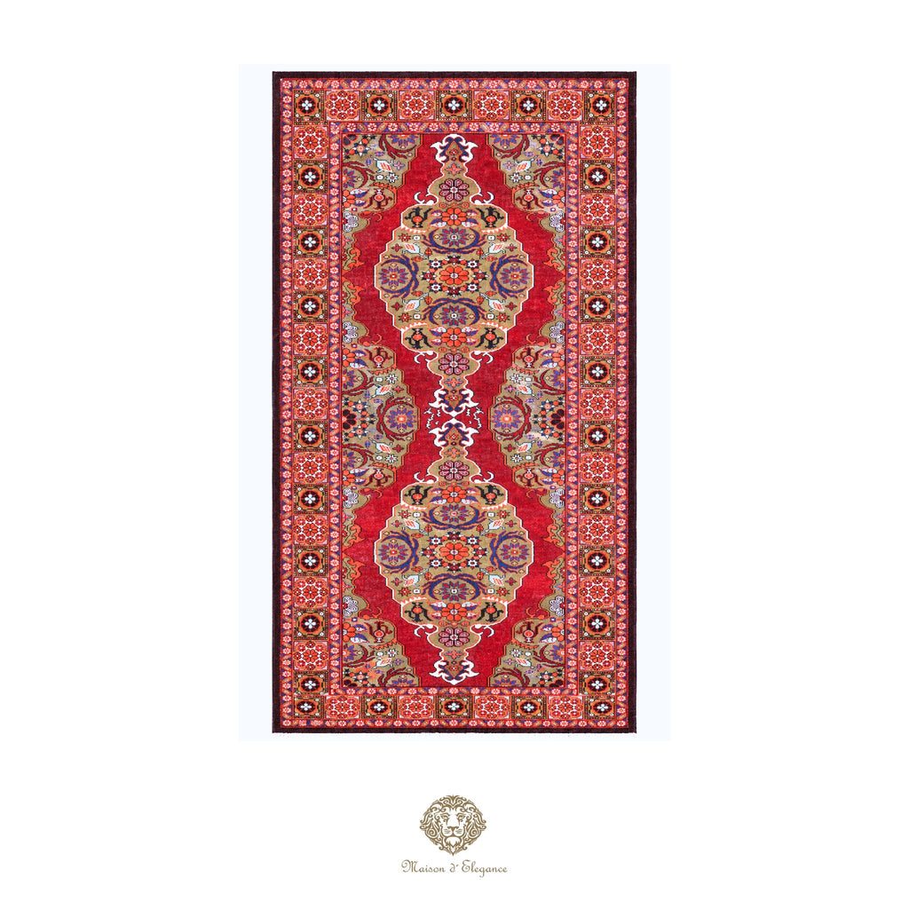 Decorative red rug with intricate patterns on a rojo background