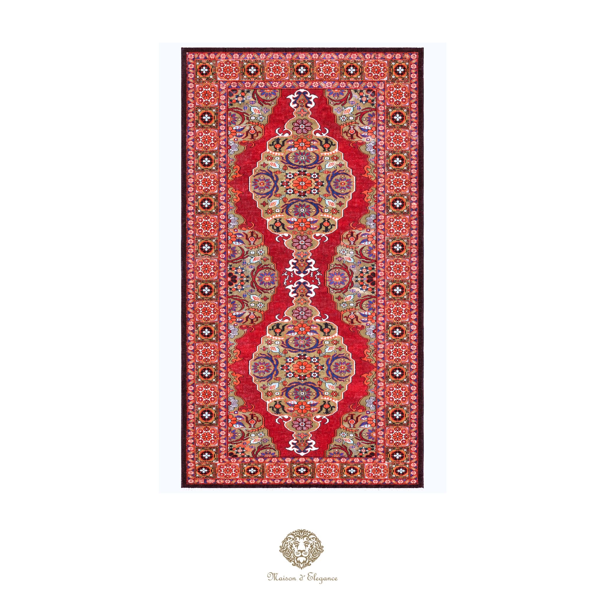 Decorative red rug with intricate patterns on a rojo background