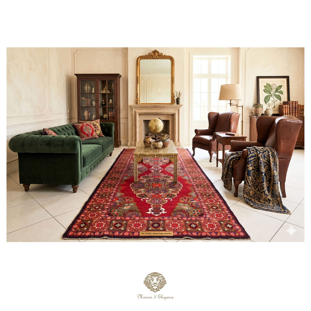 Living room with a red patterned rug, green sofa, and wooden furniture.