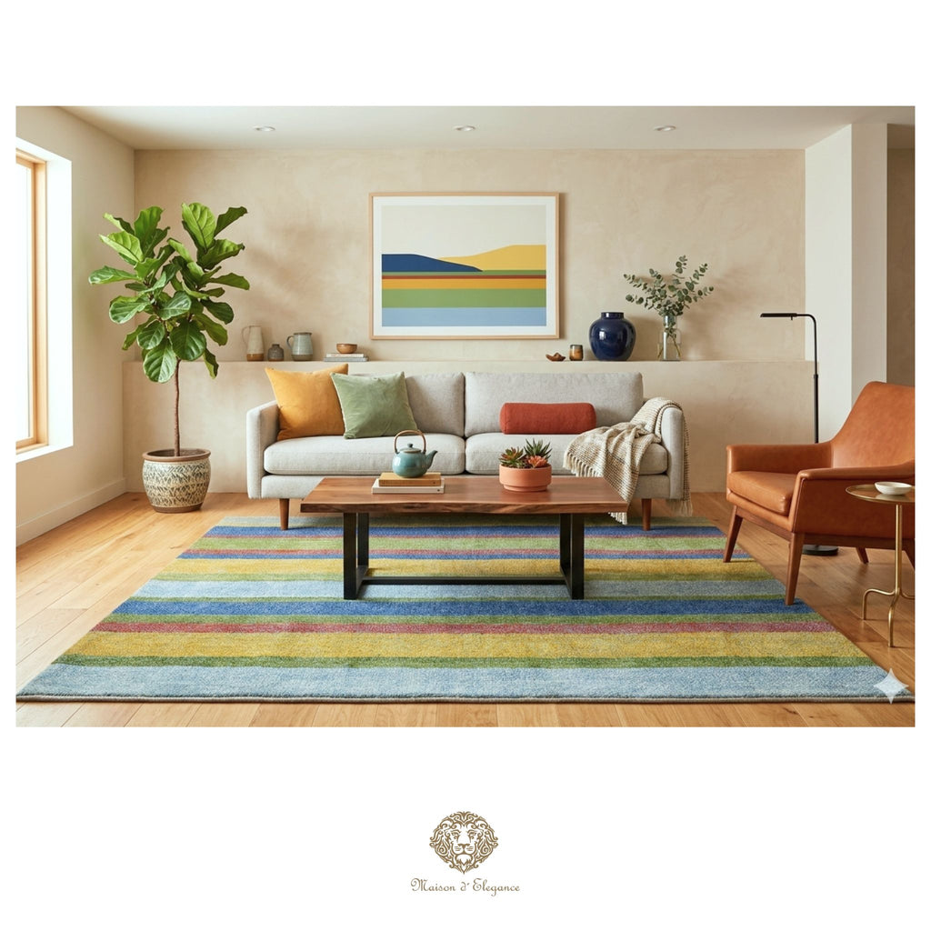 Living room with a colorful rug, sofa, and decor items.