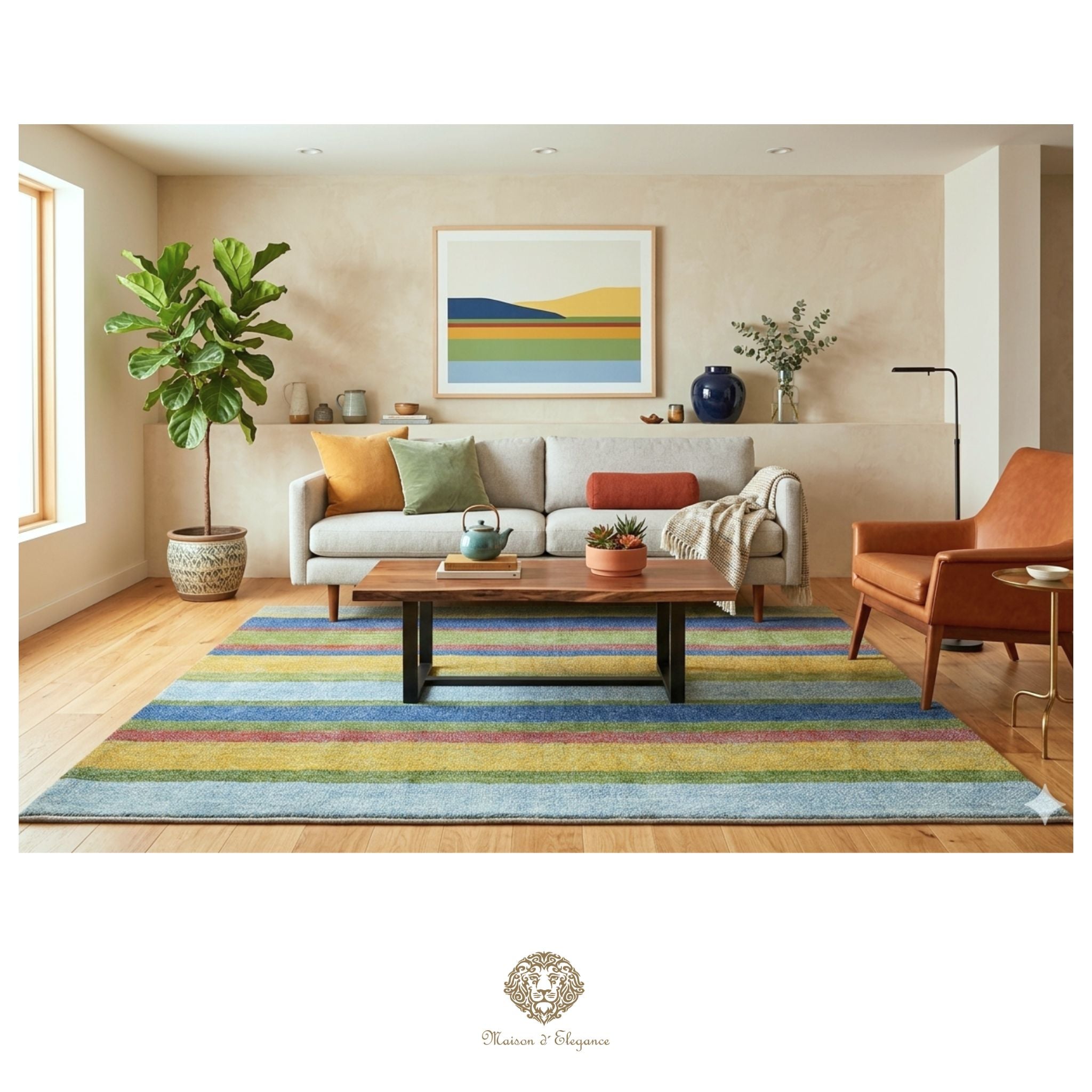 Living room with a colorful rug, sofa, and decor items.