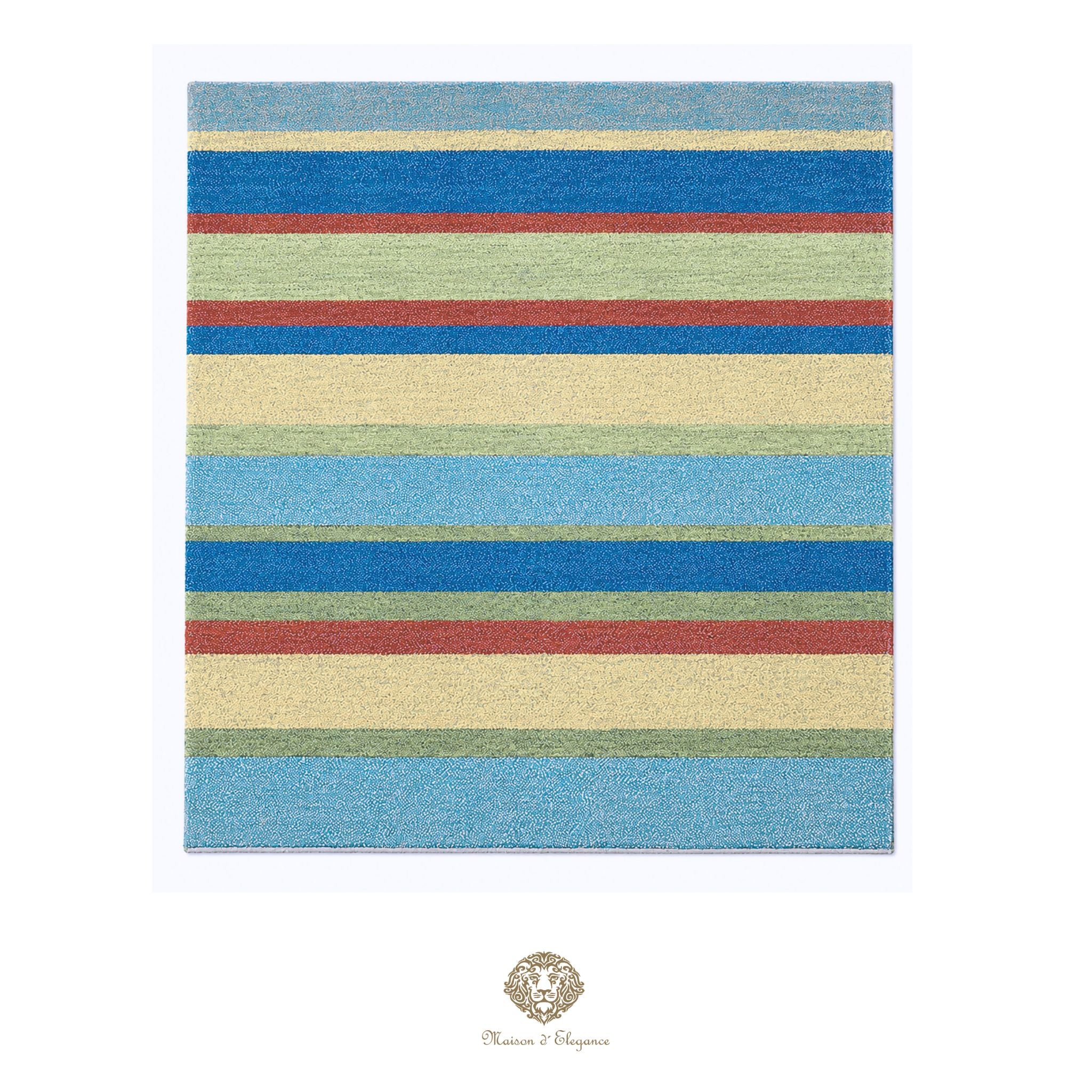 Striped rug with blue, beige, and red stripes on a white background