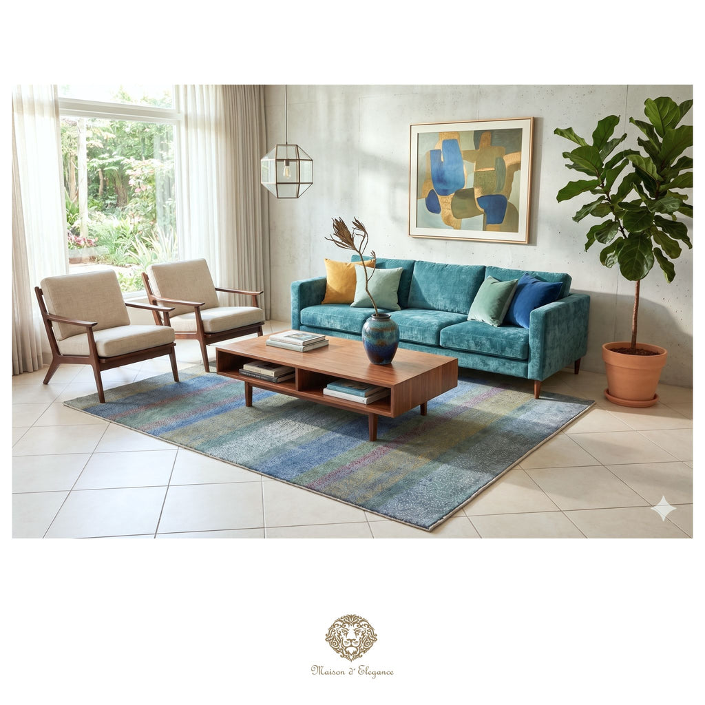 Modern living room with a blue sofa, wooden coffee table, and decorative rug.