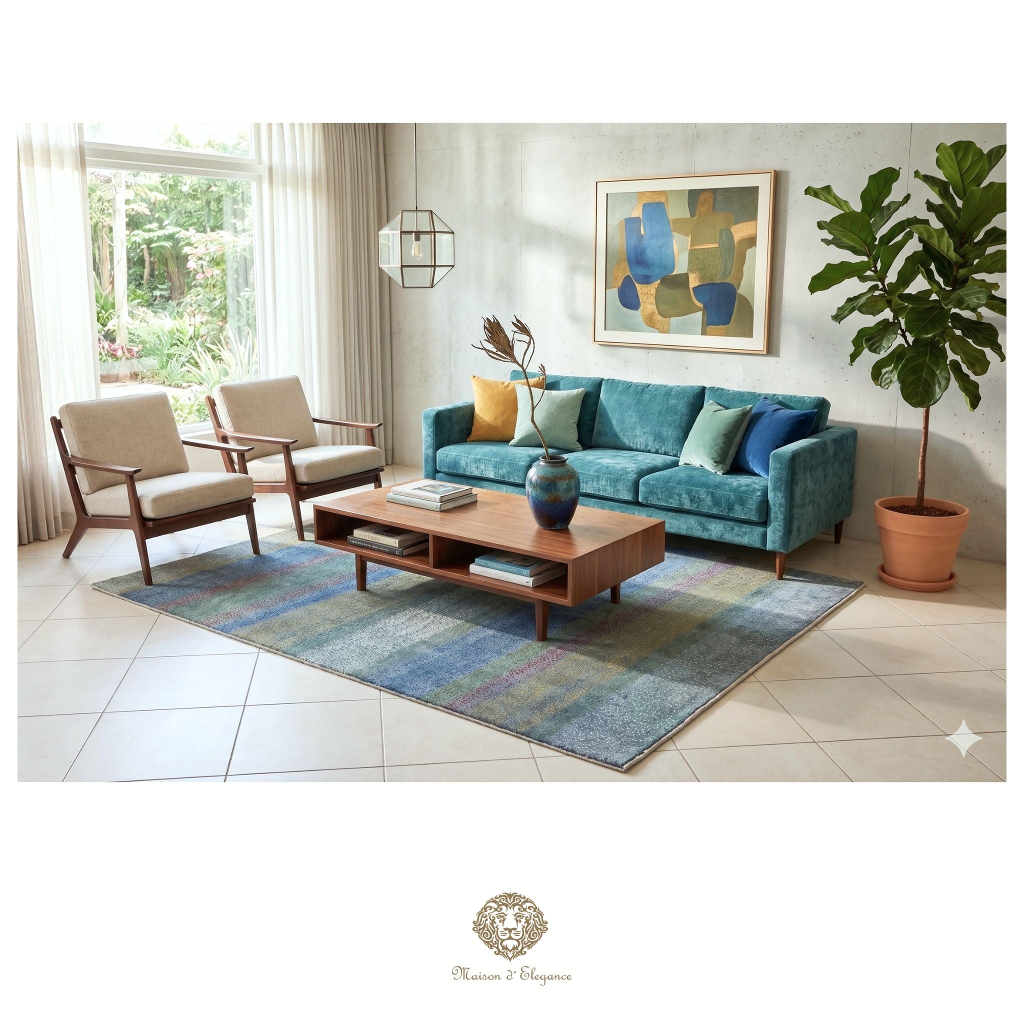 Modern living room with a blue sofa, wooden coffee table, and decorative rug.