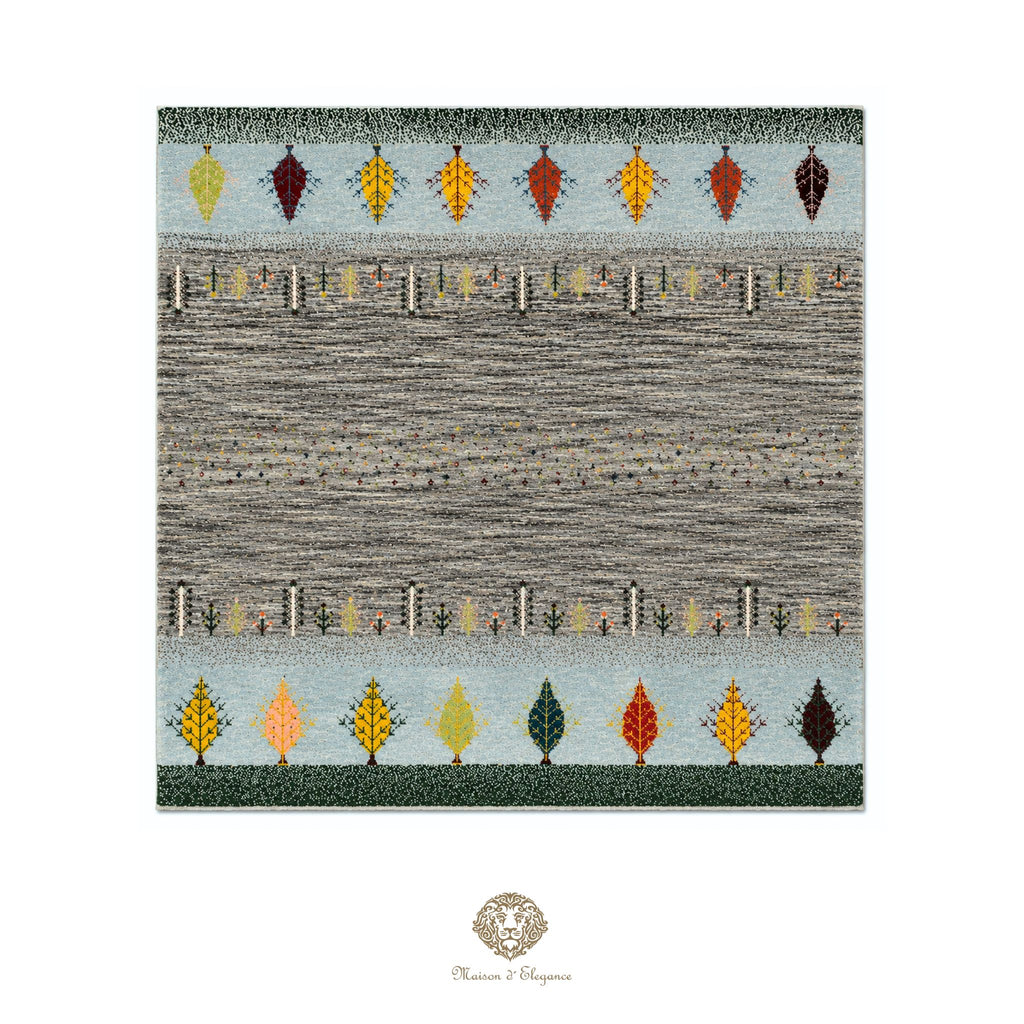 Decorative rug with autumn leaf pattern on a white background