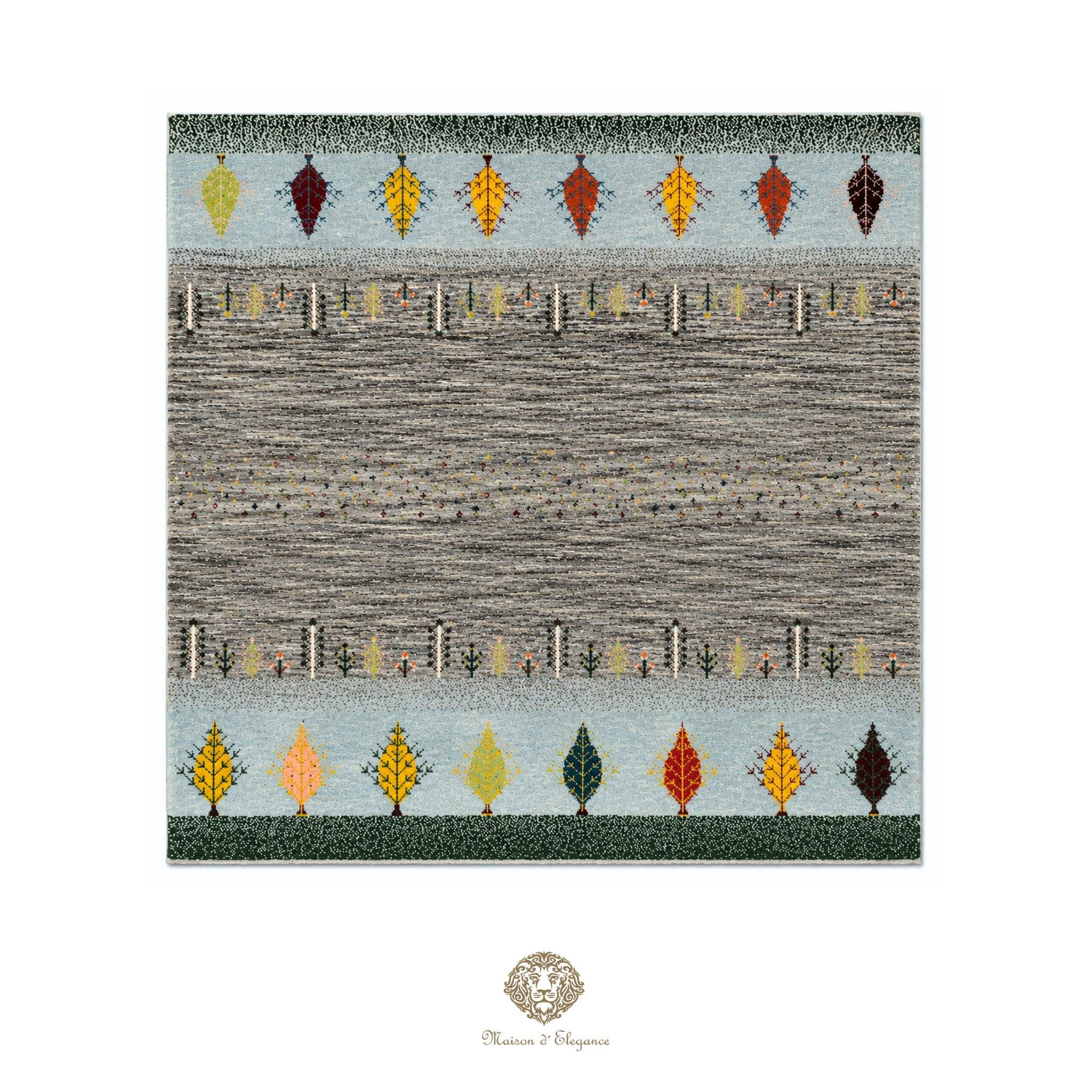 Decorative rug with autumn leaf pattern on a white background