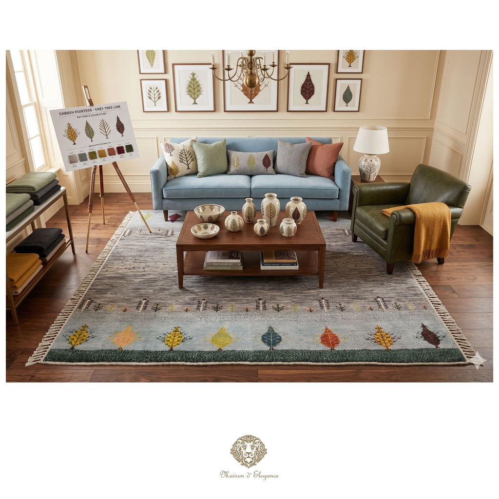 Living room with a blue sofa, green armchair, and coffee table on a patterned rug.