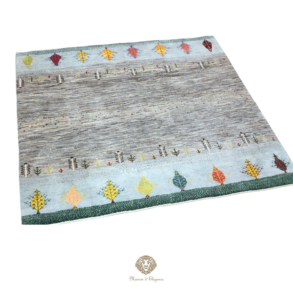 Decorative rug with colorful leaf pattern on a gray background