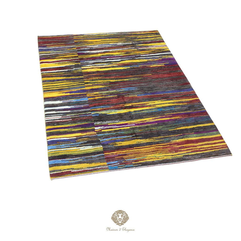 Multicolored striped rug on a persian fine kashkuli loribaft background
