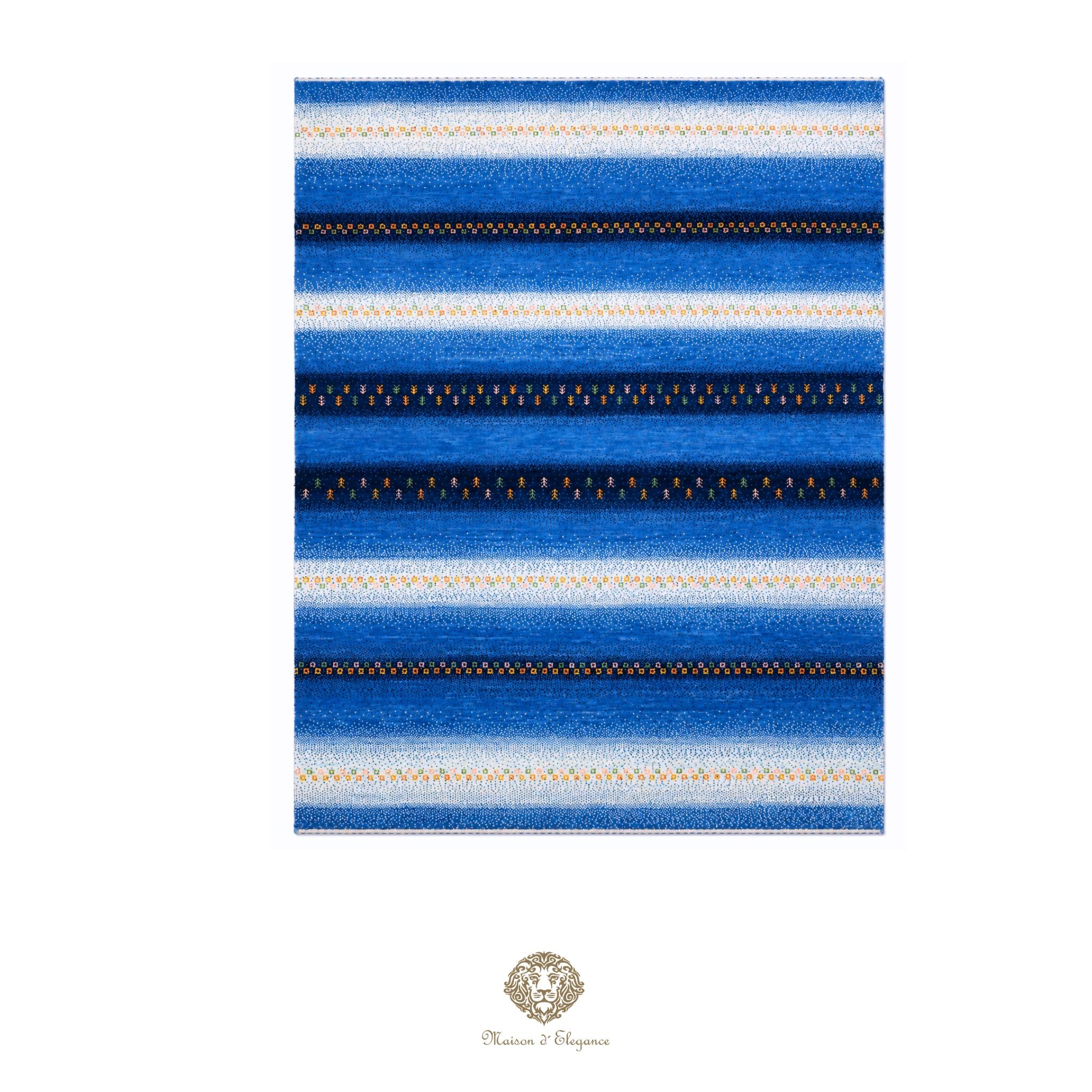 Striped fabric with blue, white, and gold colors on a blue background