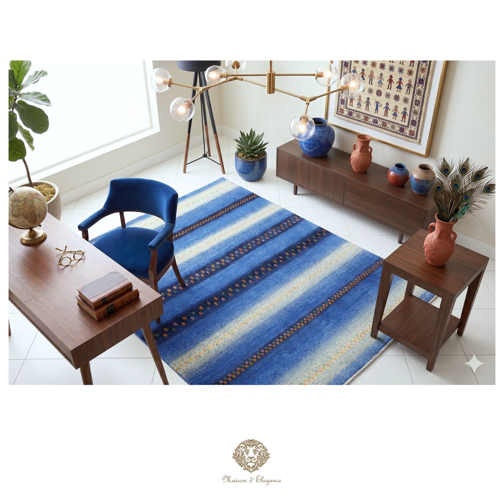 Living room with a blue and white striped rug, wooden furniture, and decorative items.