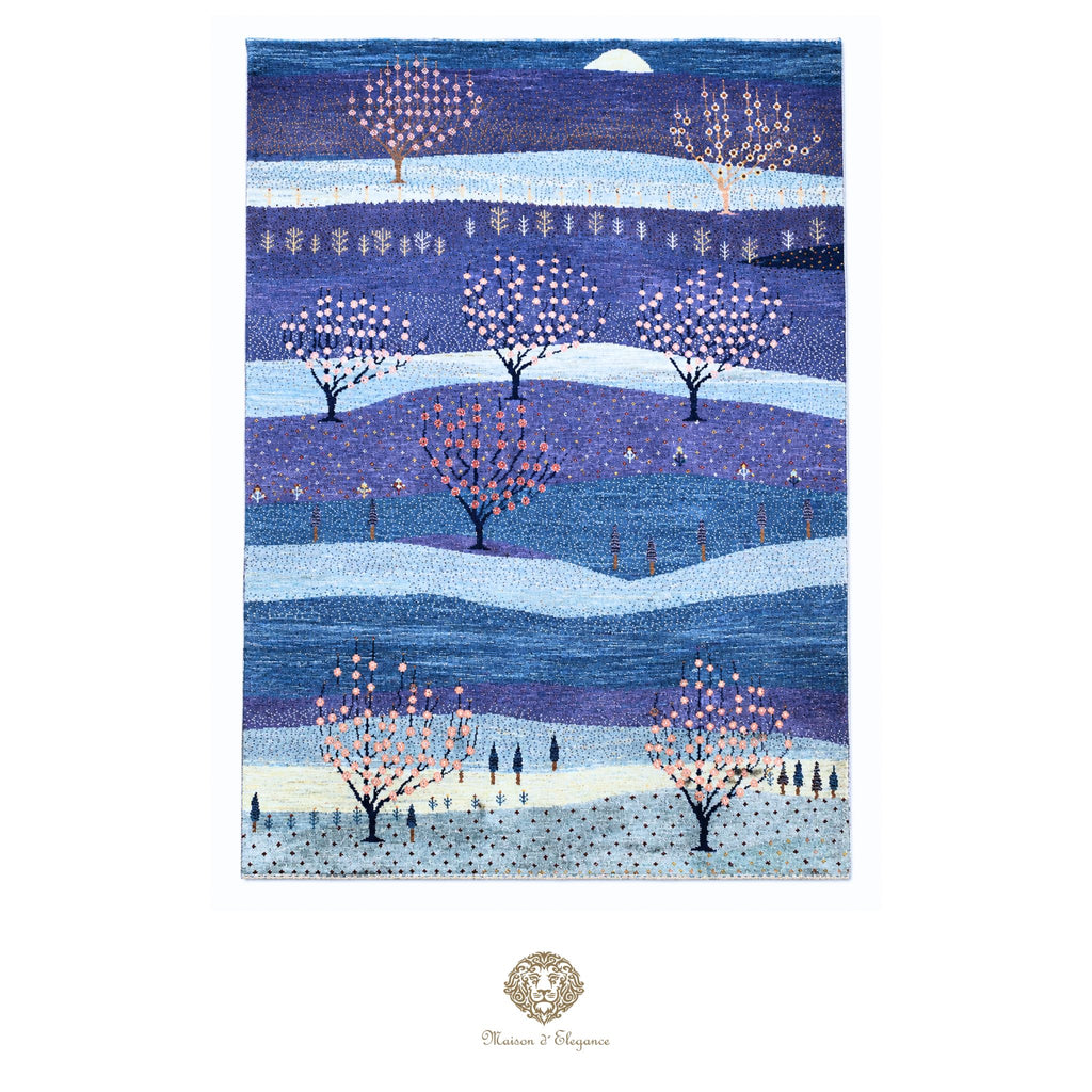 Artistic depiction of trees with pink blossoms in a landscape with wavy lines and a moon.