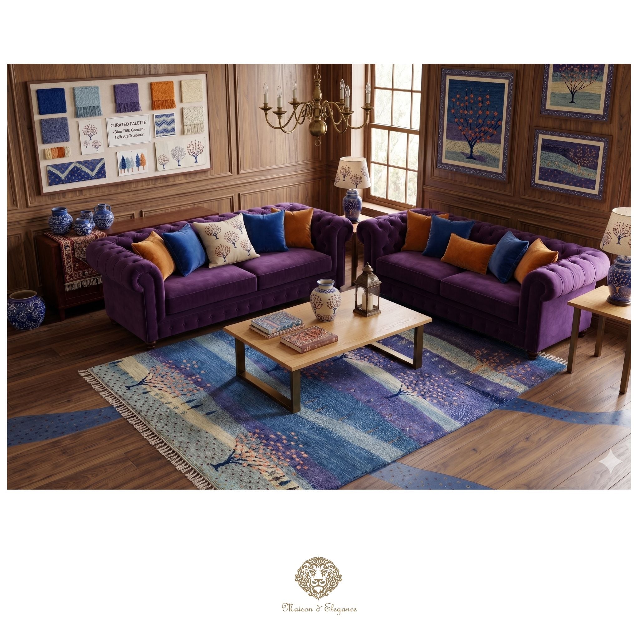 Living room with two purple sofas, a wooden coffee table, and decorative items.