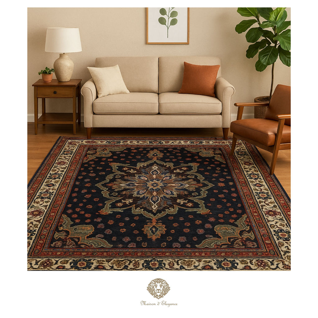 Decorative rug with intricate patterns in a living room setting.