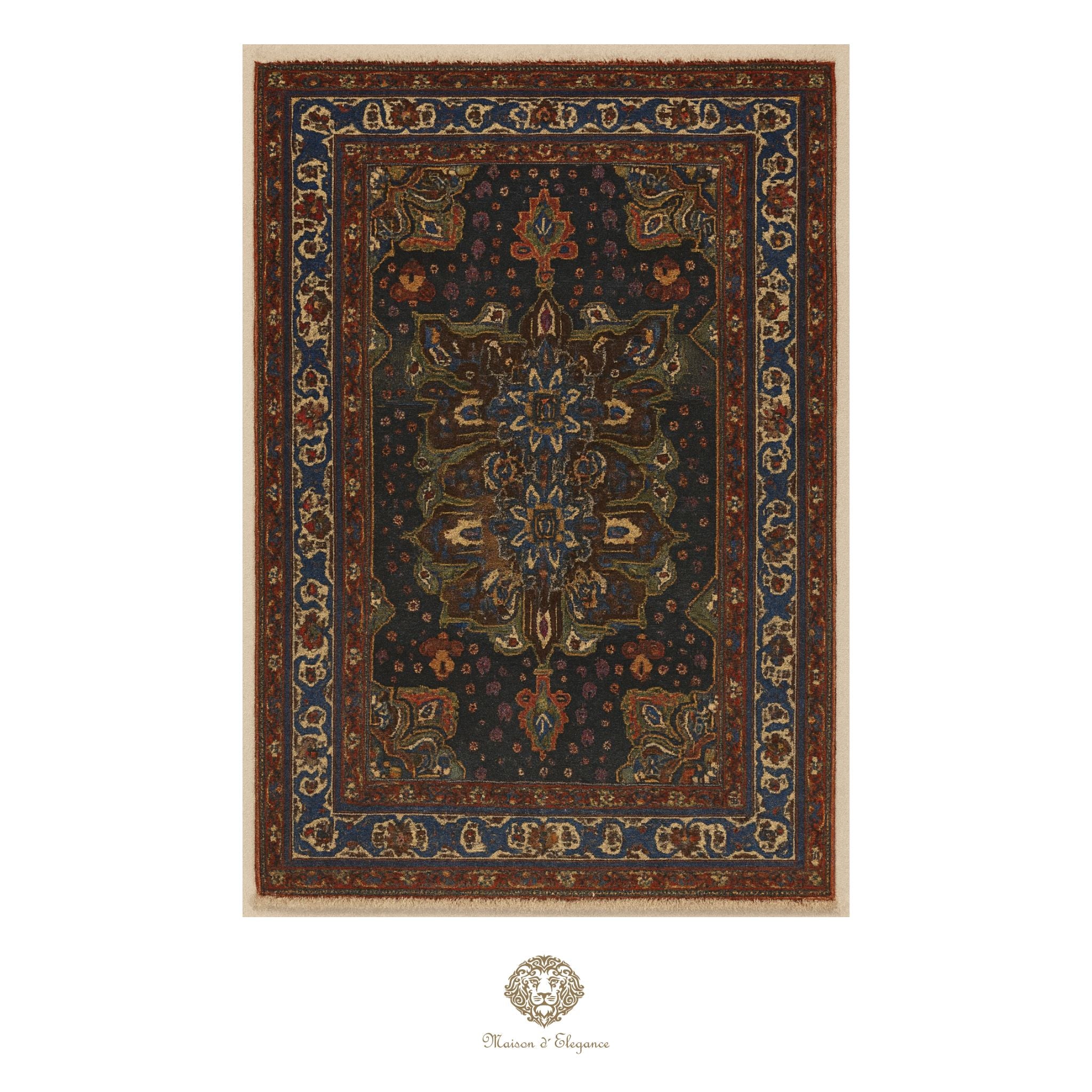 Decorative rug with intricate patterns on a white background