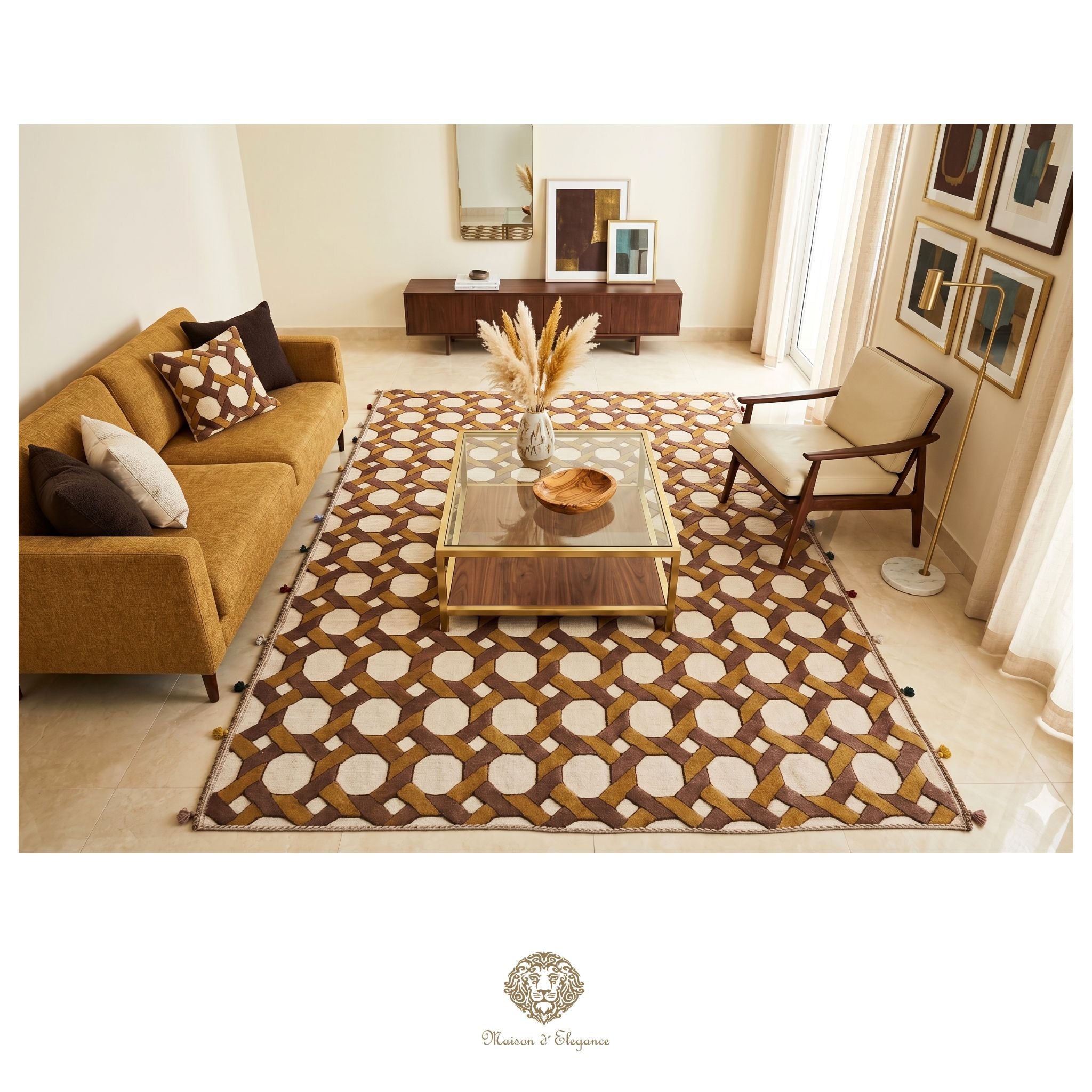 Living room with a patterned rug, brown sofa, and wooden coffee table.
