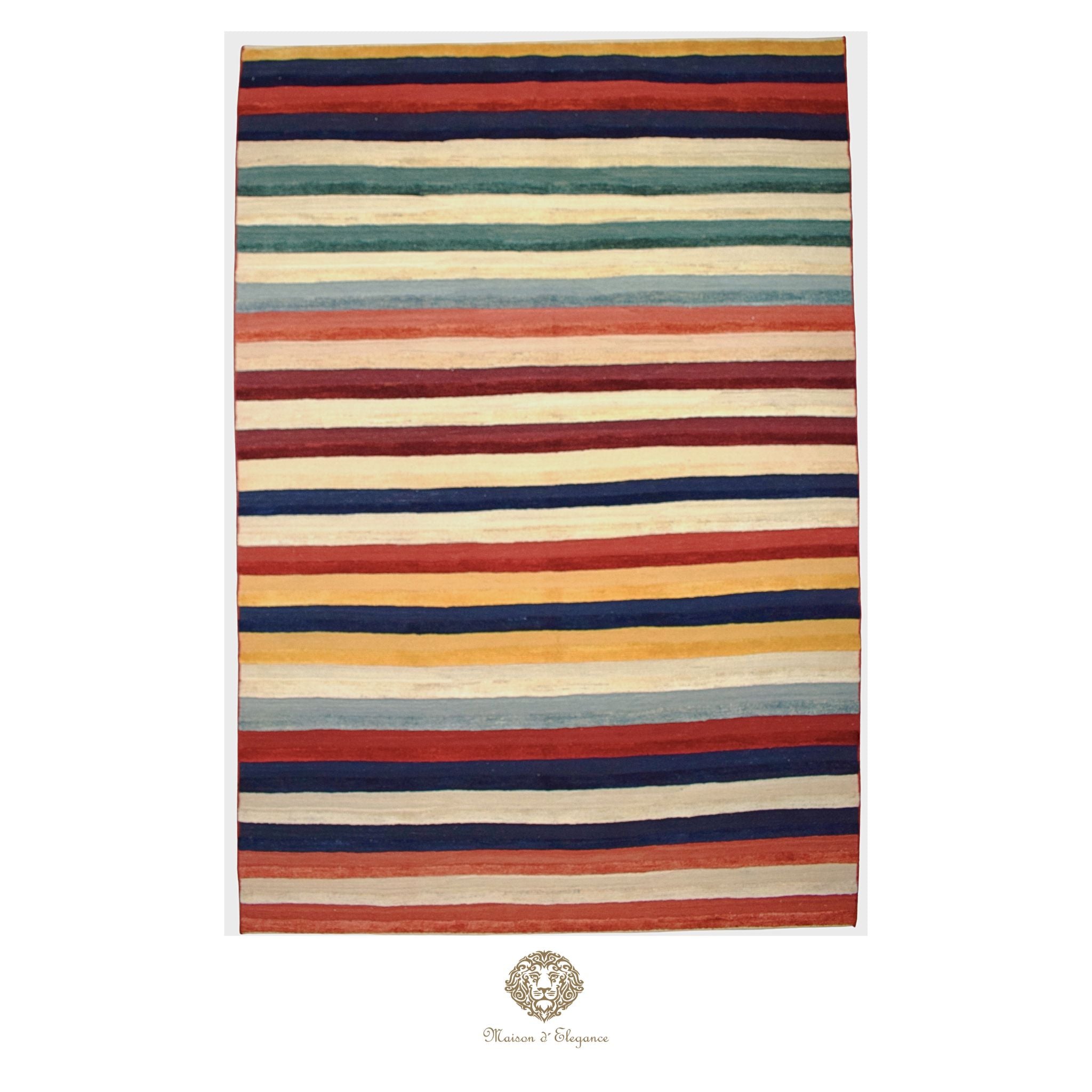 Multicolored striped rug with a brand logo at the bottom on a white background