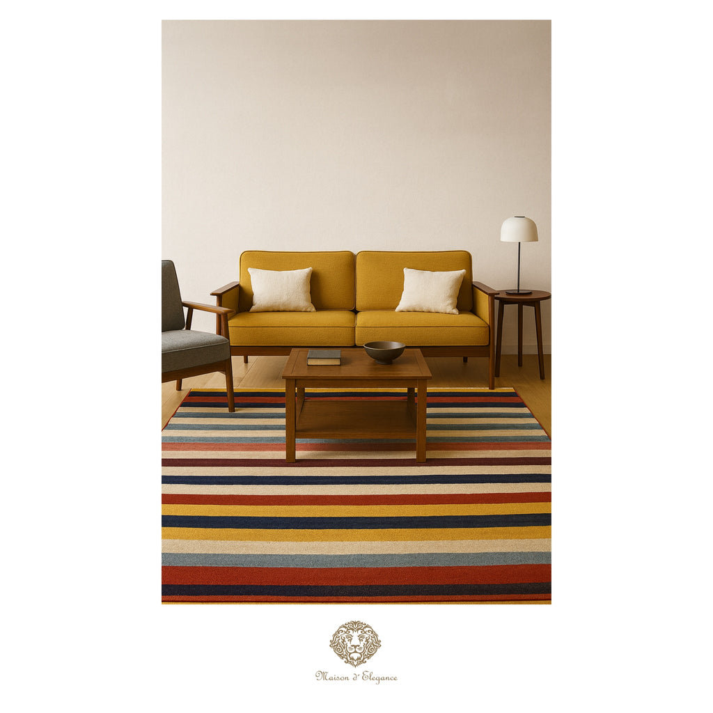 Living room with a mustard yellow sofa, striped rug, and wooden coffee table.